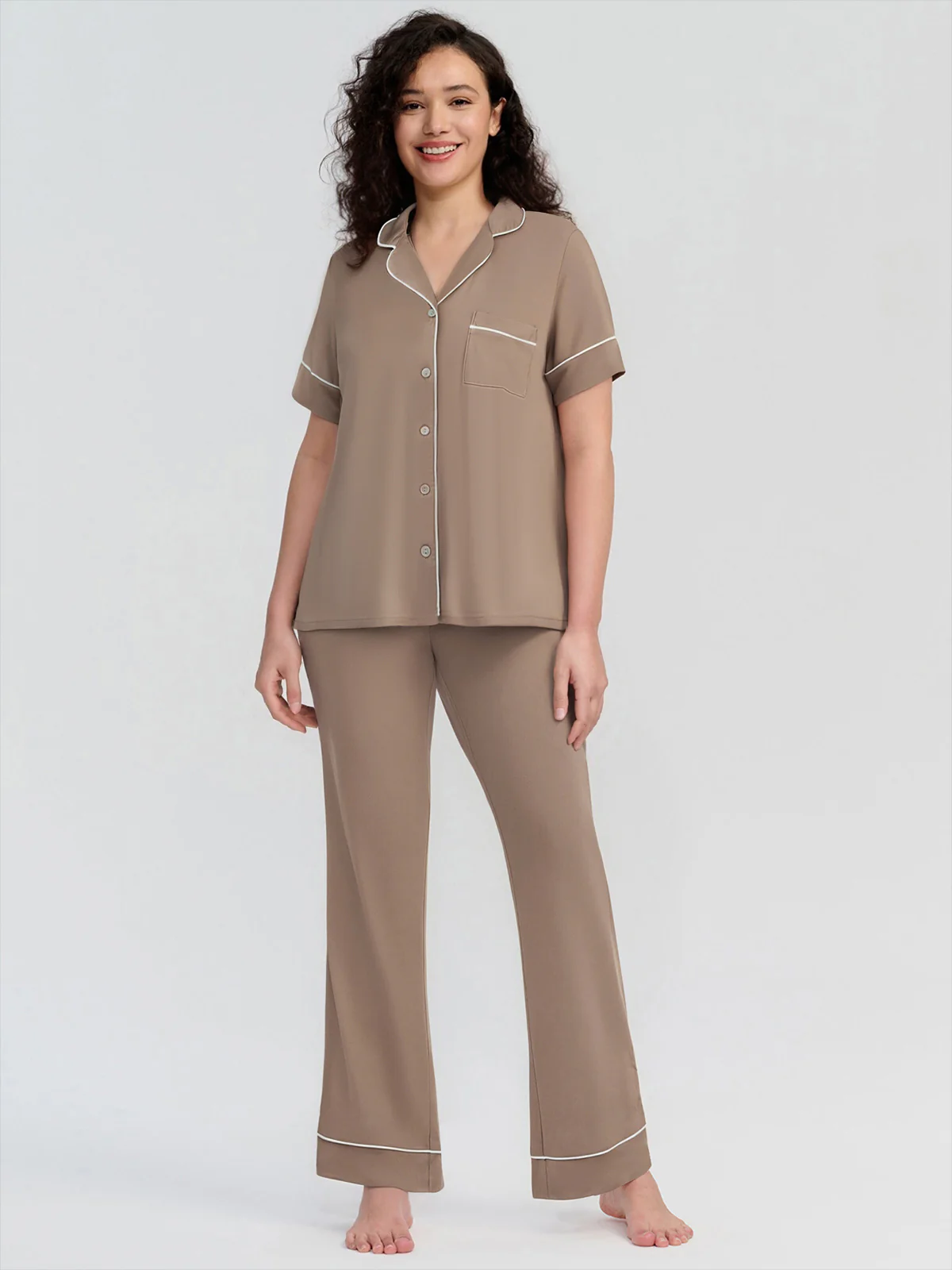Solid Piped Short Sleeve Pajamas Set