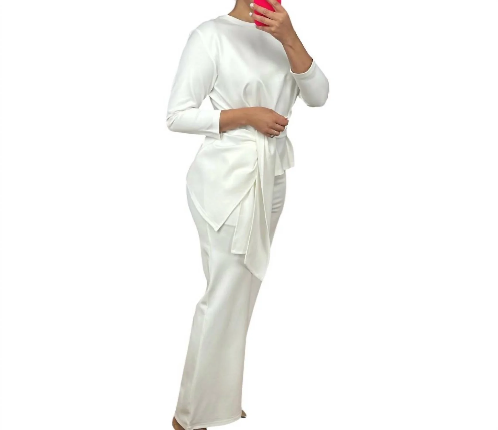 Tie-Front Top & Wide Leg Pant Set In White