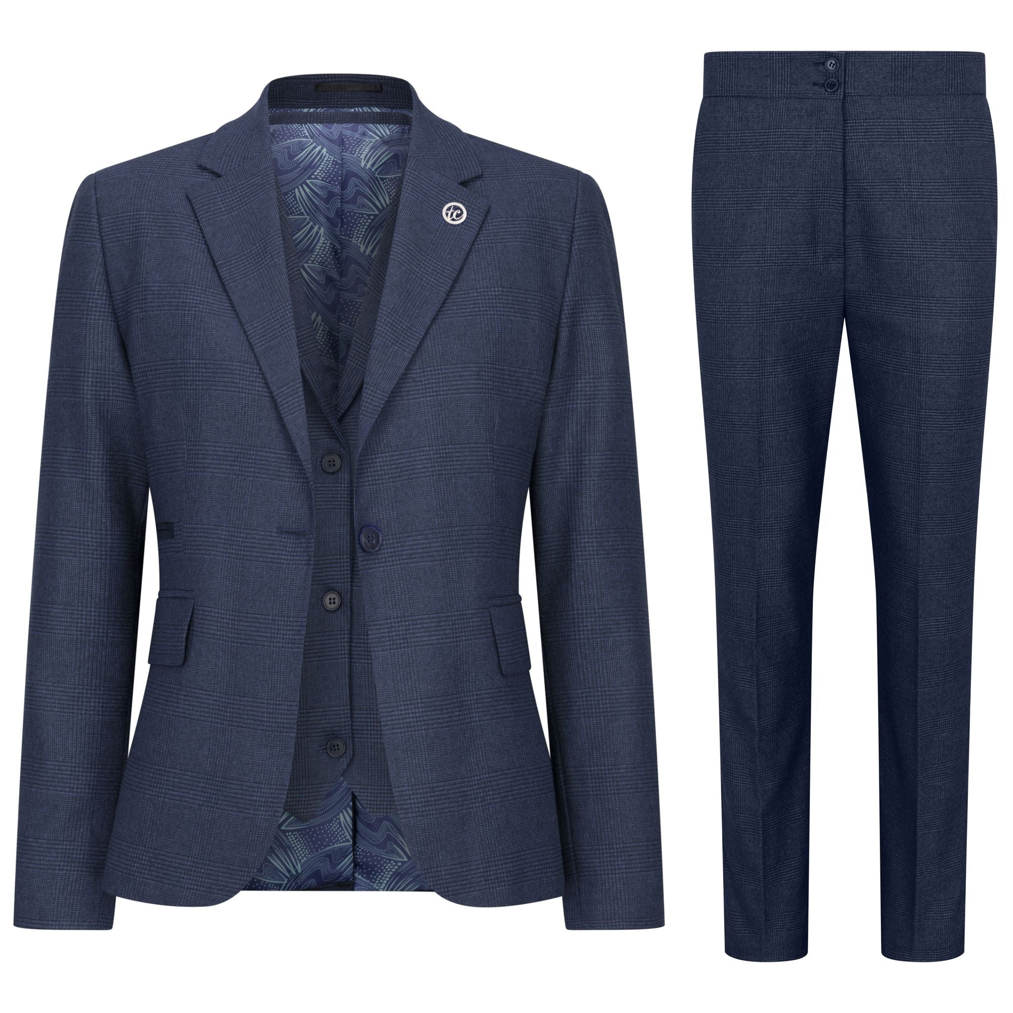 Women's Navy Three-Piece Tailored Fit Suit in Prince of Wales Check