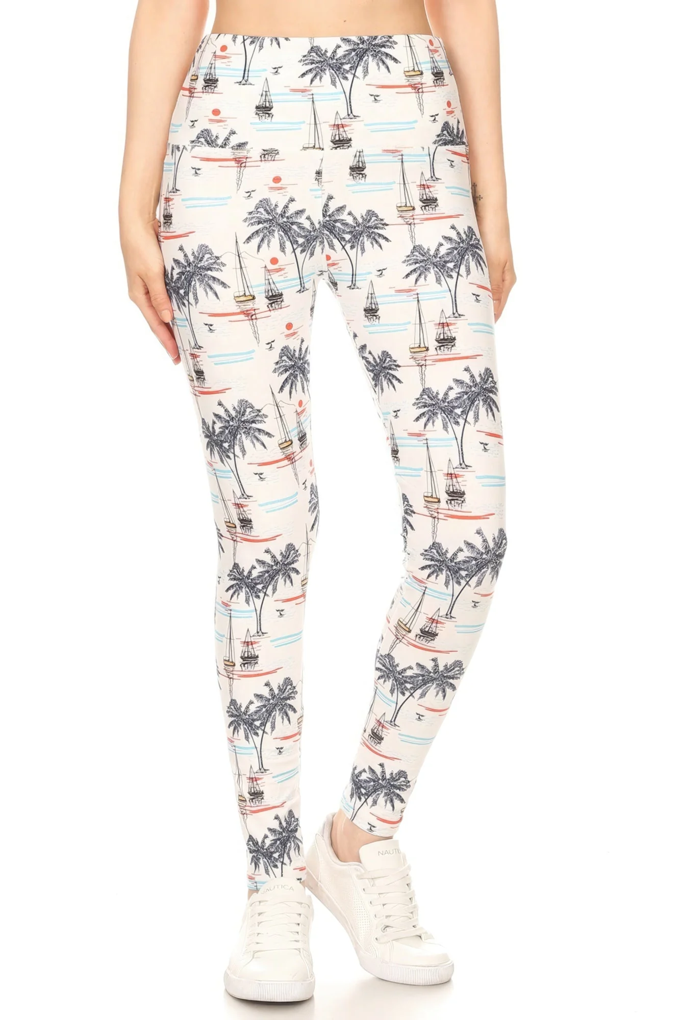 FASHNZFAB 5-inch Long Yoga Style Banded Lined Sailor Printed Knit Legging With High Waist