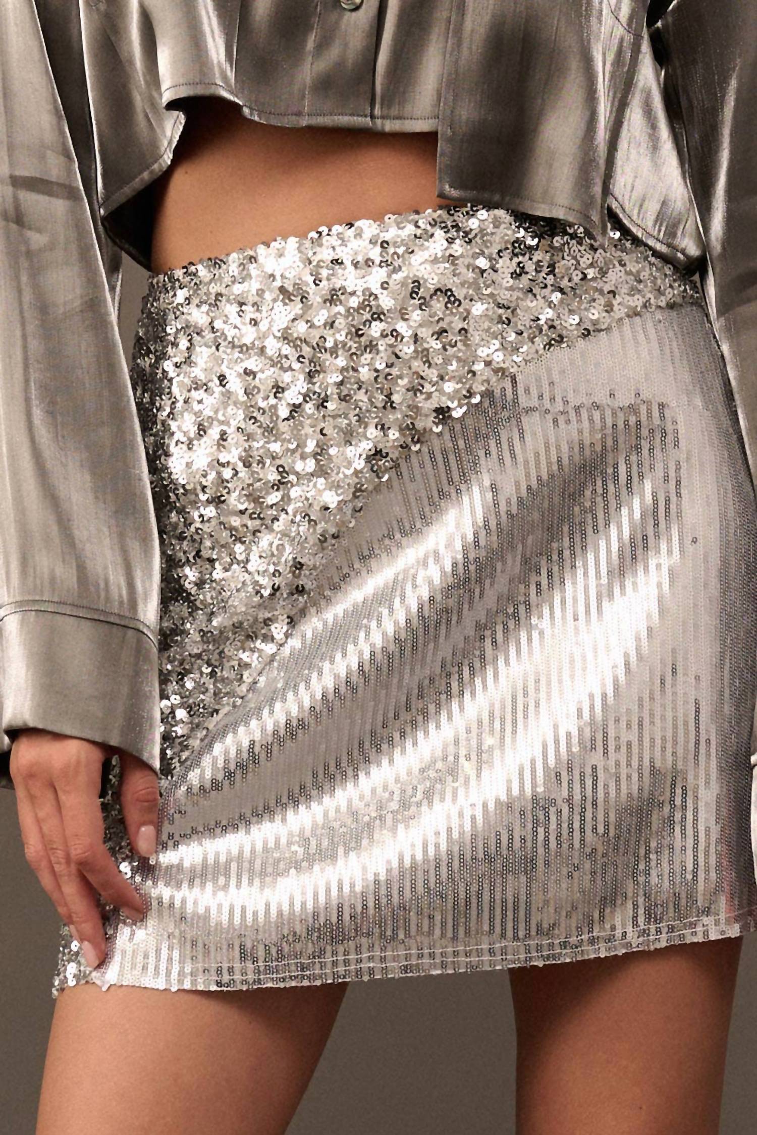 Colorblock Sequins High Waist Mini Skirt In Silver