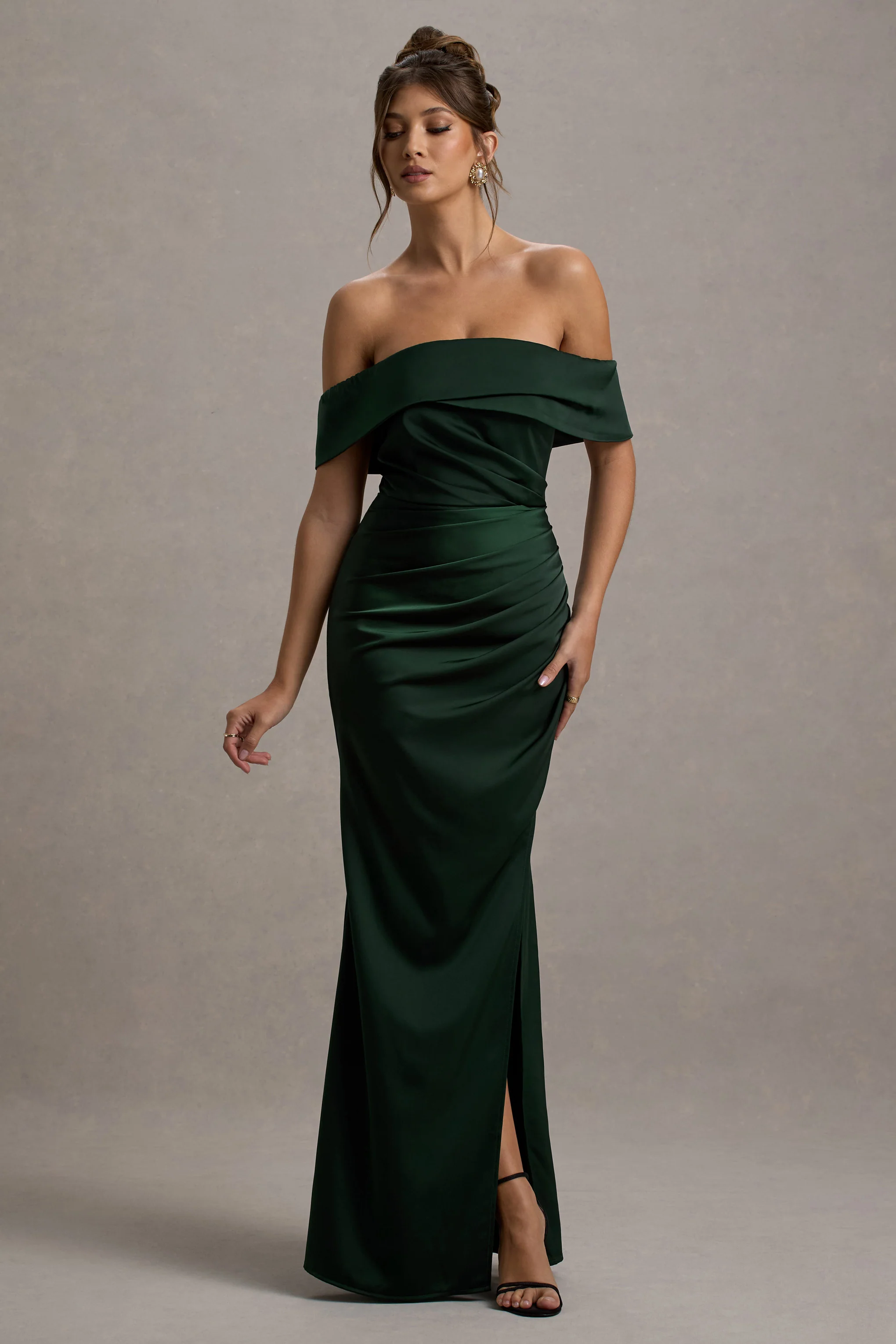 Martine | Bottle Green Satin Bardot Wrap Maxi Dress