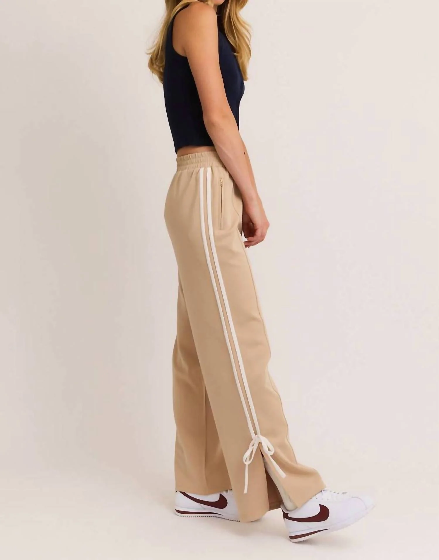 Bow Detail Track Pants In Taupe-White