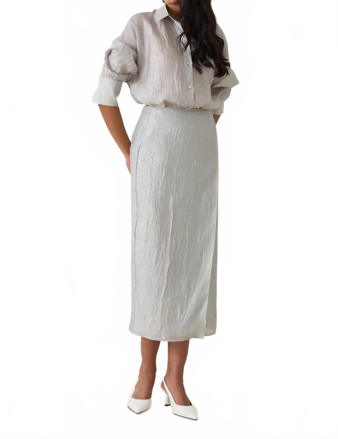 Long Sleeve Shirt And Crush Detailed Skirt Set In Water Green