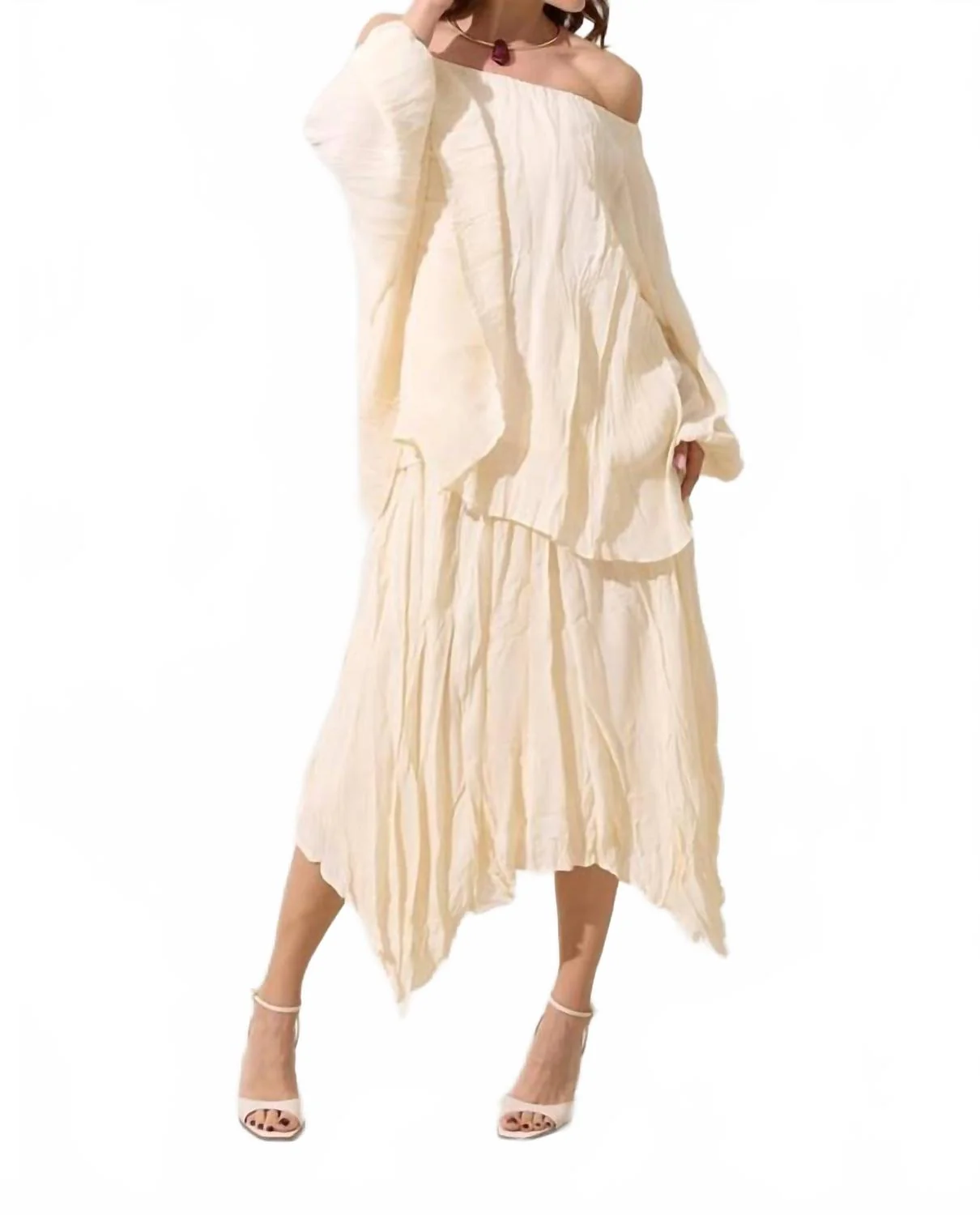 Relaxed Cut Blouse And Midi Asymmetrical Skirt Set In Ecru