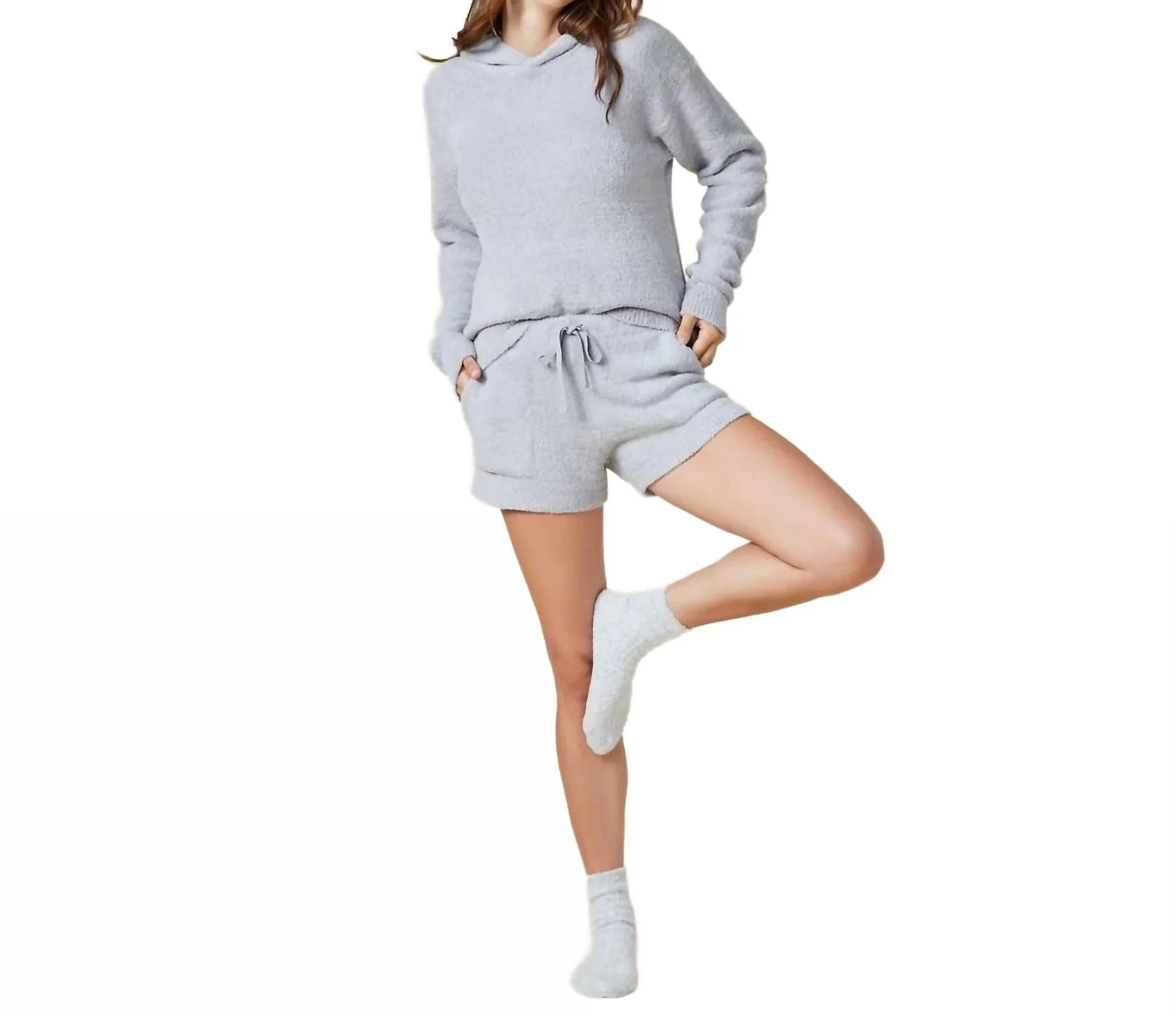 Solid Marshmallow Hoodie Short Set In Grey