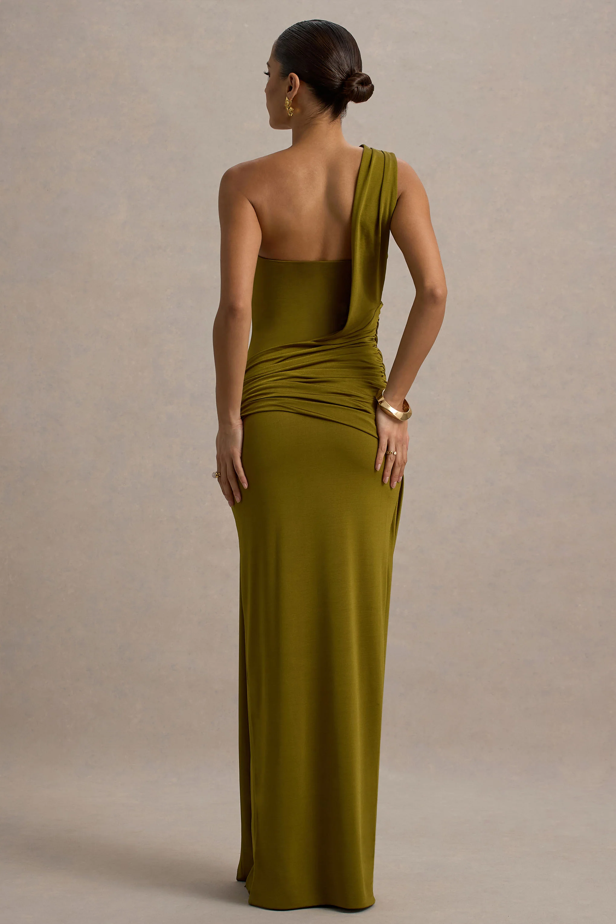 Erminia | Olive Green One-Shoulder Twist Wrap Maxi Dress