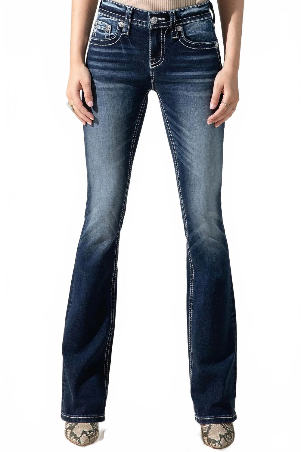 Mid Rise Boot Cut Jeans In Blue
