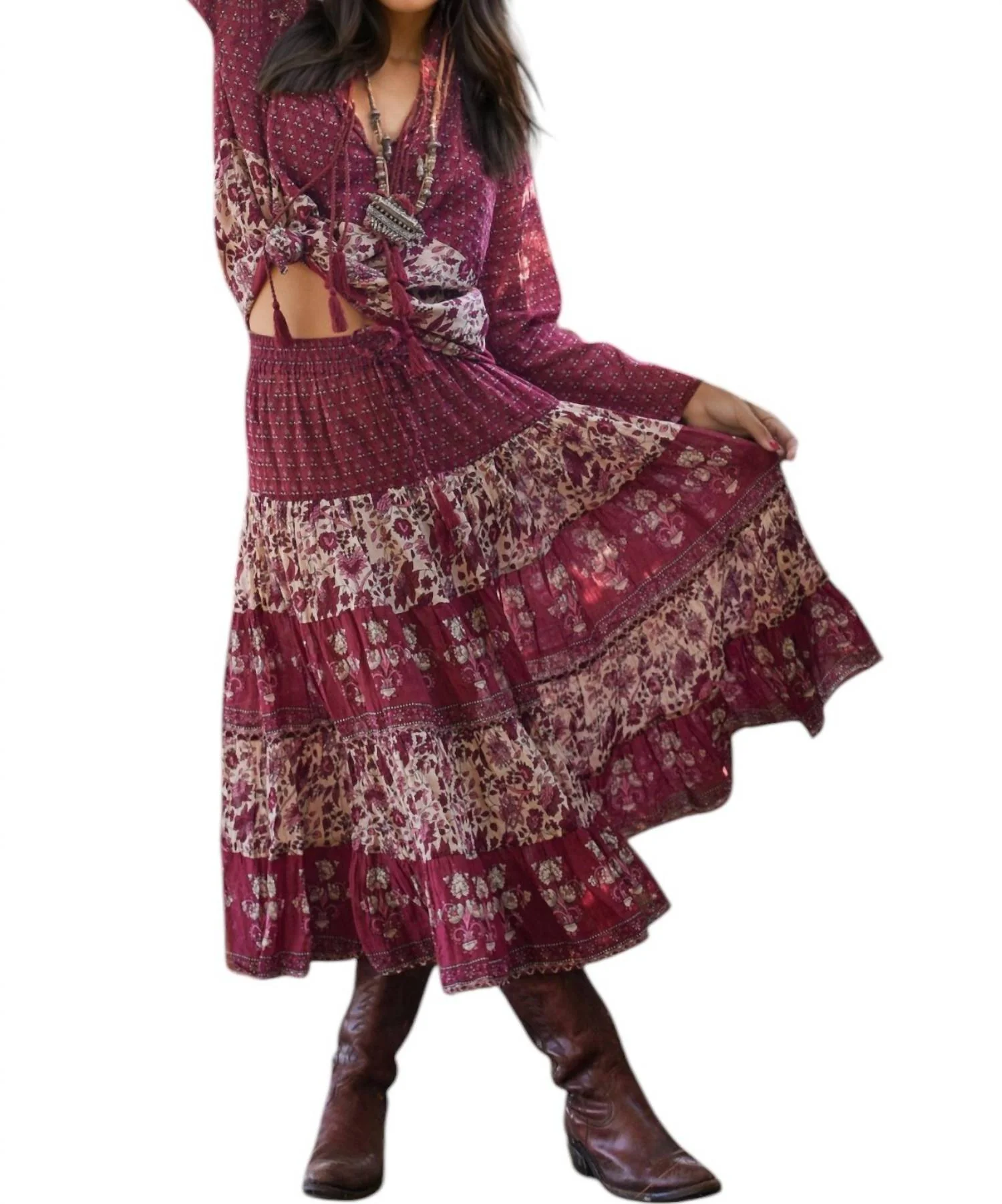 Rosa Printed Midi Patchwork Skirt In Burgundy