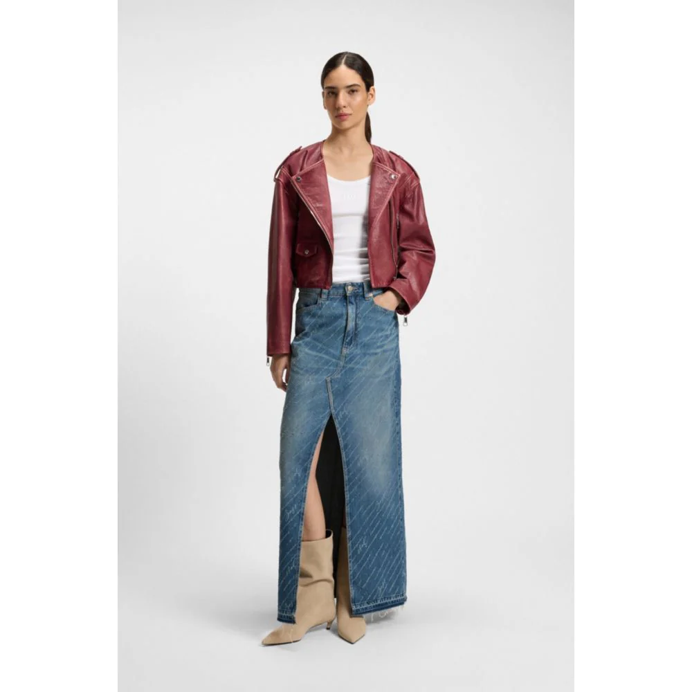 Denim skirt with logo pinstripe pattern and front slit