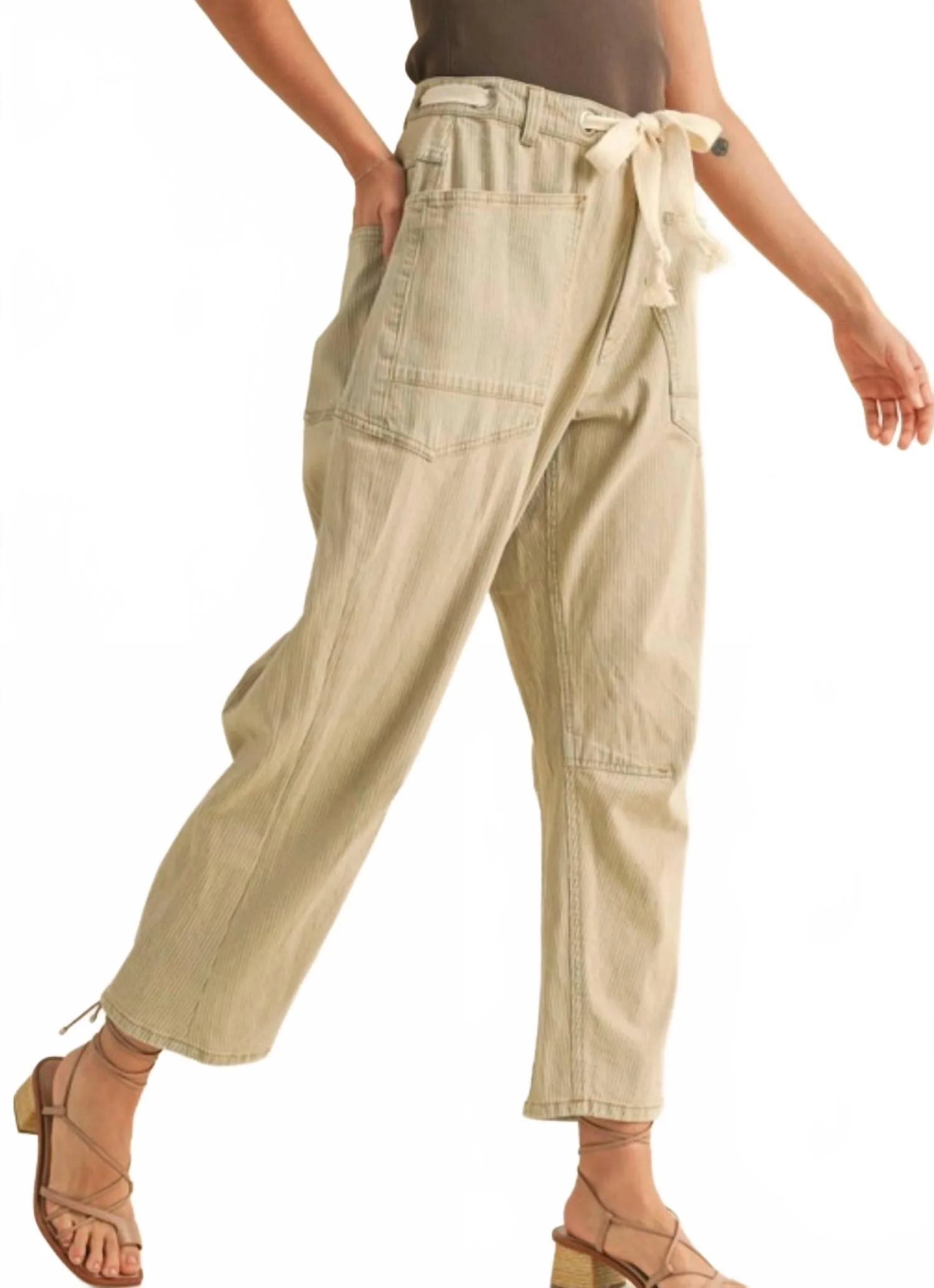 Striped Barrel Pants With Belt In Blue/cream