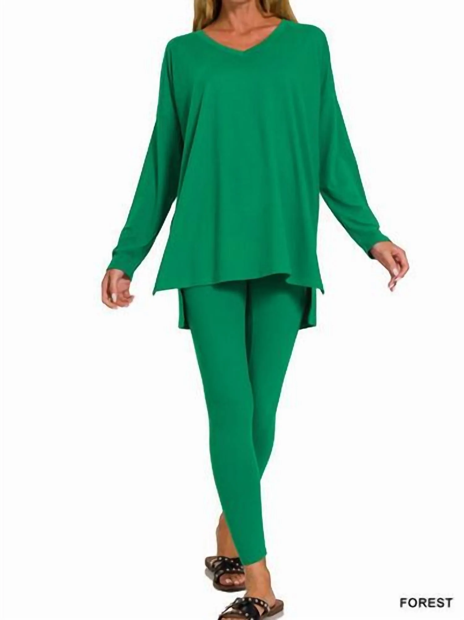 V Neck Lounge Sets In Dark Green