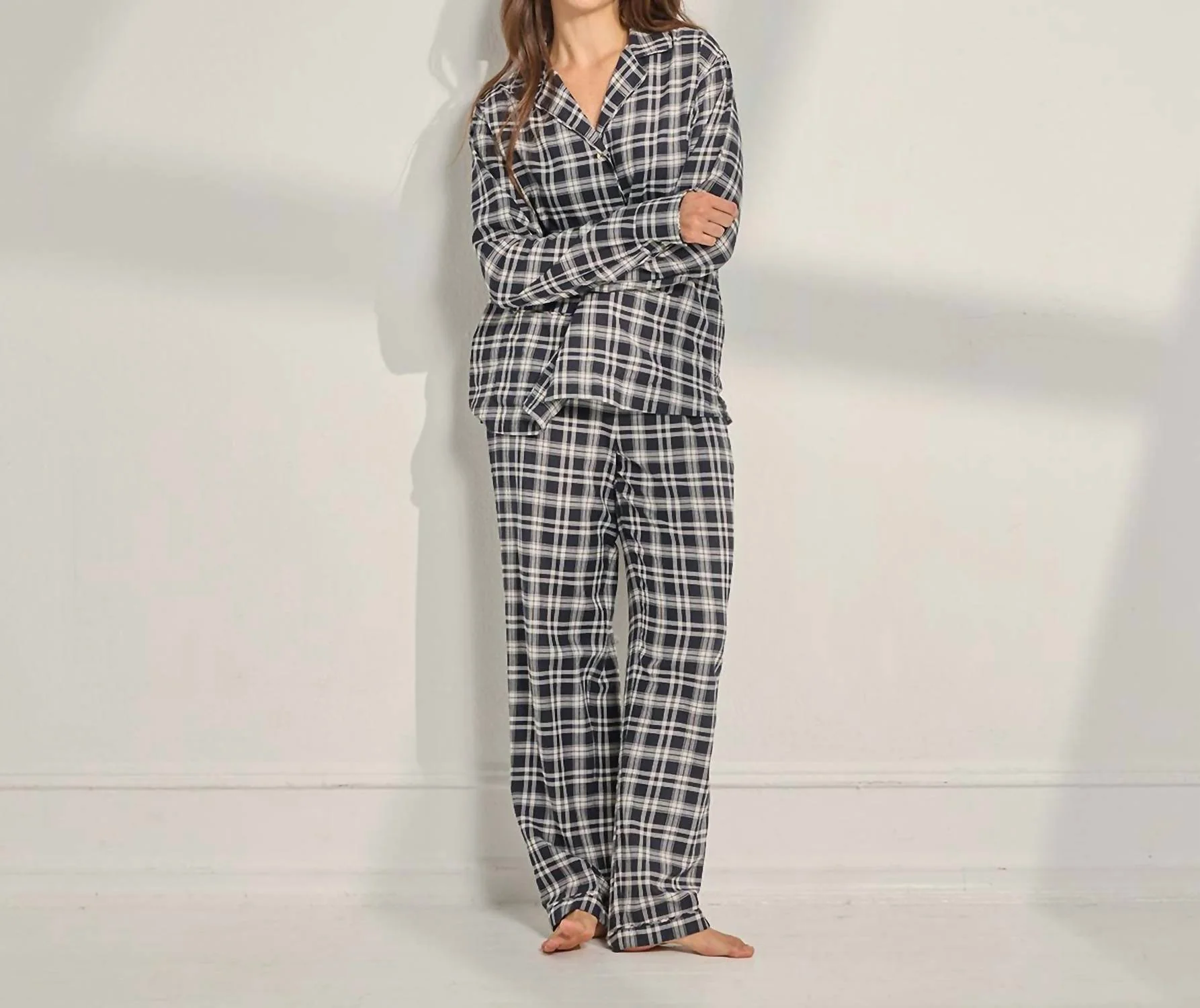 Brushed Flannel Plaid Long Pajama Set In Black White Plaid
