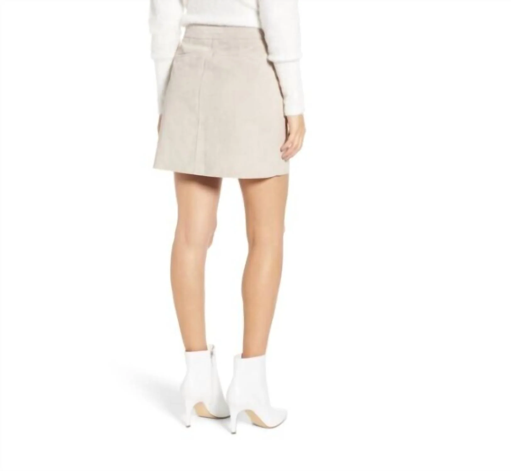 Snap Front Suede Leather Zip A Line Mini Skirt In Nude