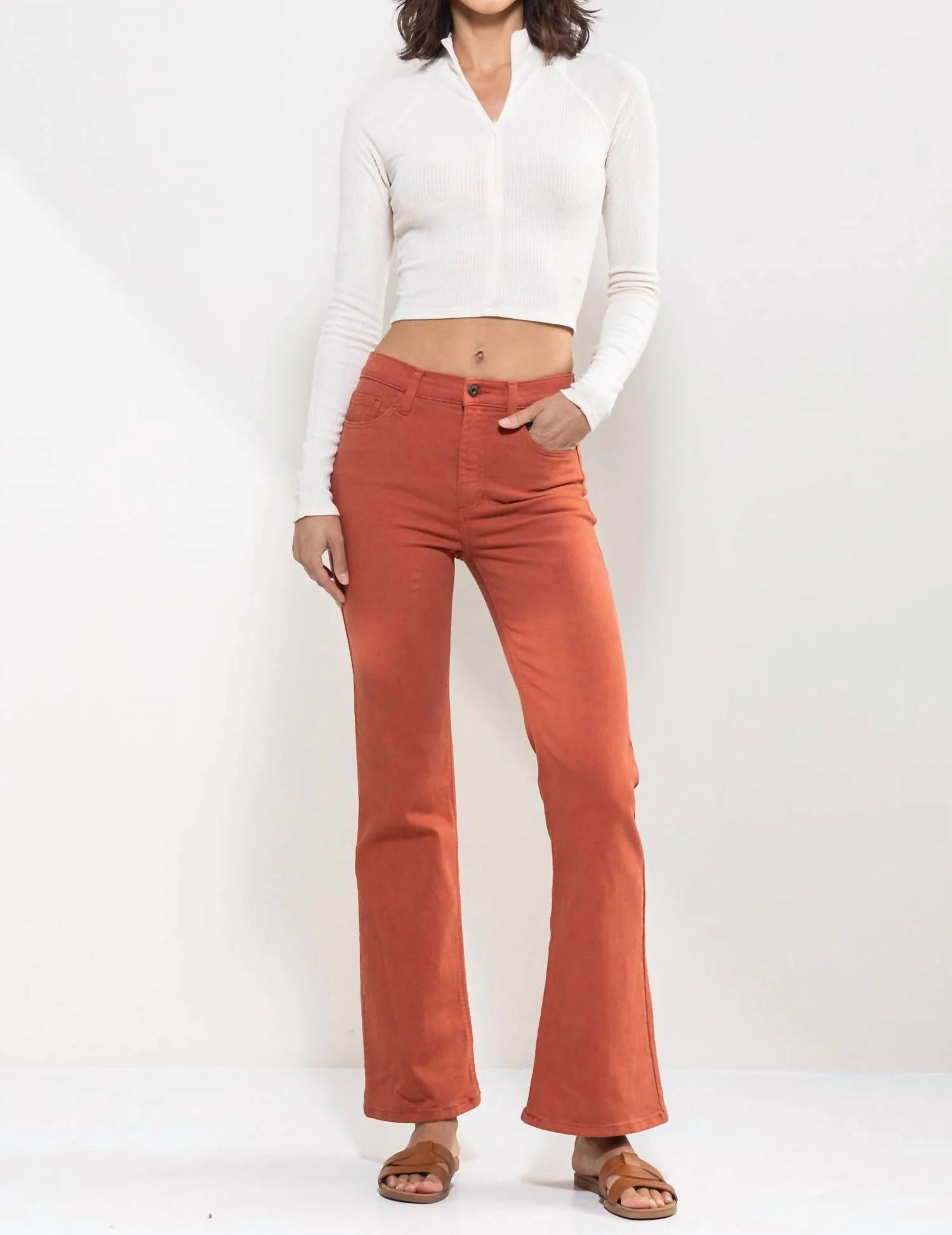 High Rise Solid Slim Bootcut Jeans In Rust