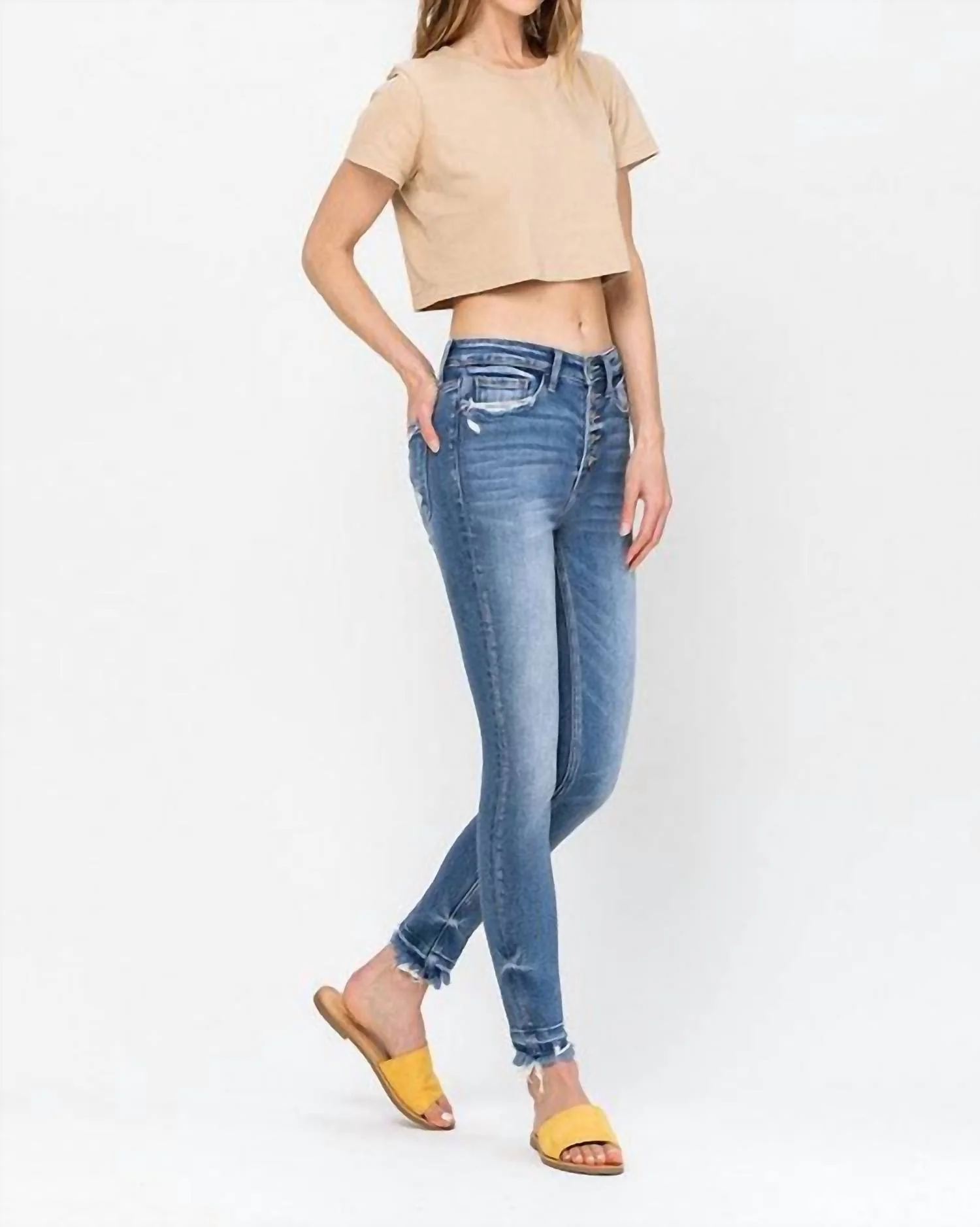 High Rise Hem Crop Skinny Jean In Medium Wash