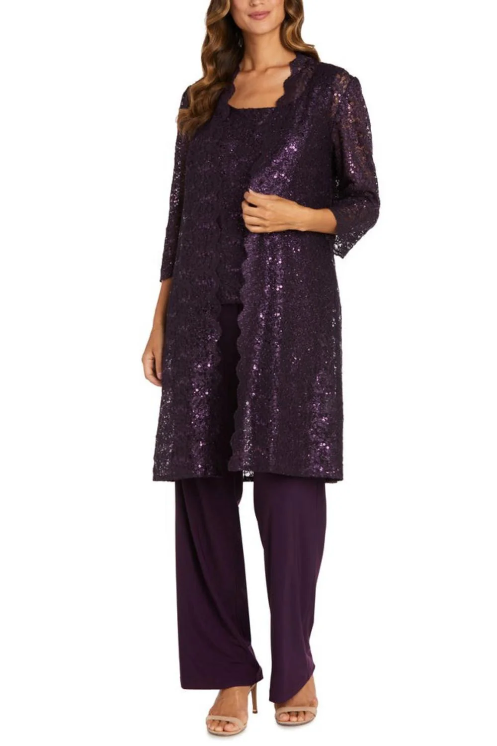 Lace 3/4 Sleeve 3-Piece Pants Set In Plum