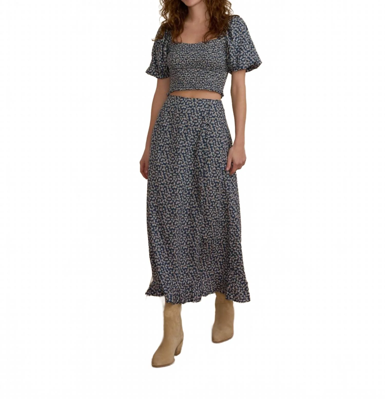 Button Slit Skirt In Blue Floral