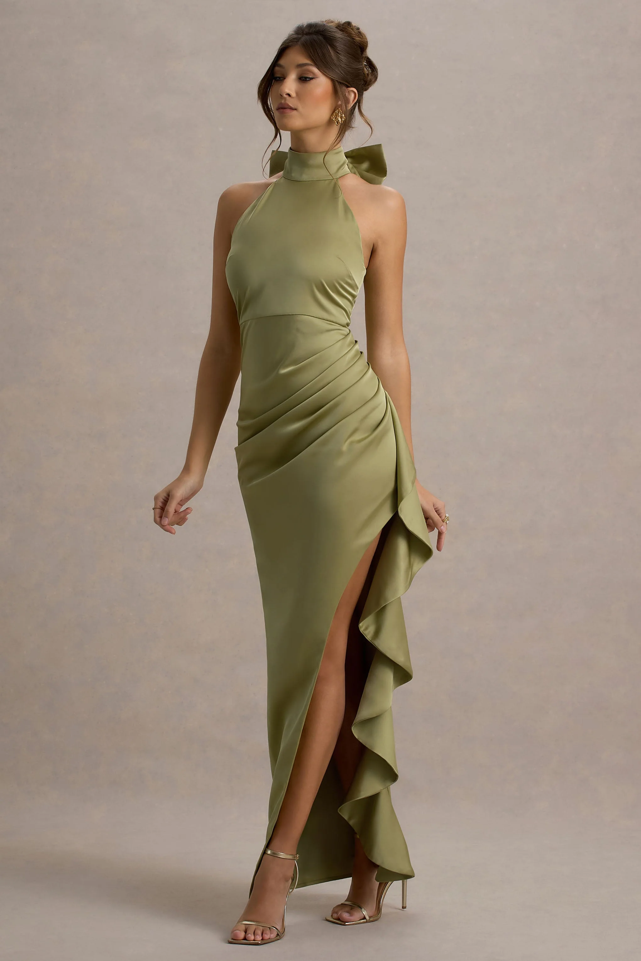 Maureen | Light Green Satin High-Neck Draped Maxi Dress