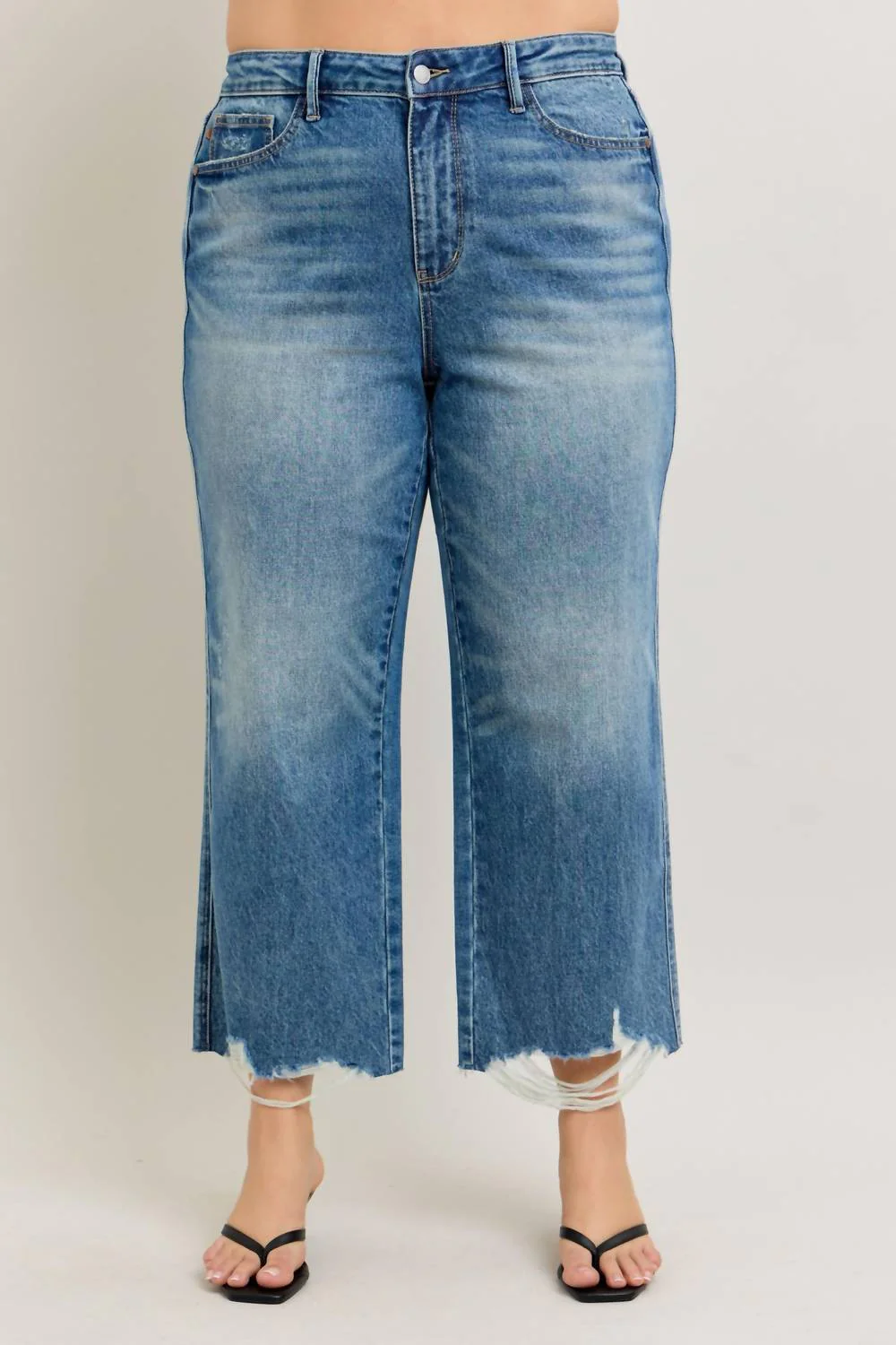 High Rise Rigid Magic Destroy Hem Crop Wide Leg Jeans- Plus In Denim