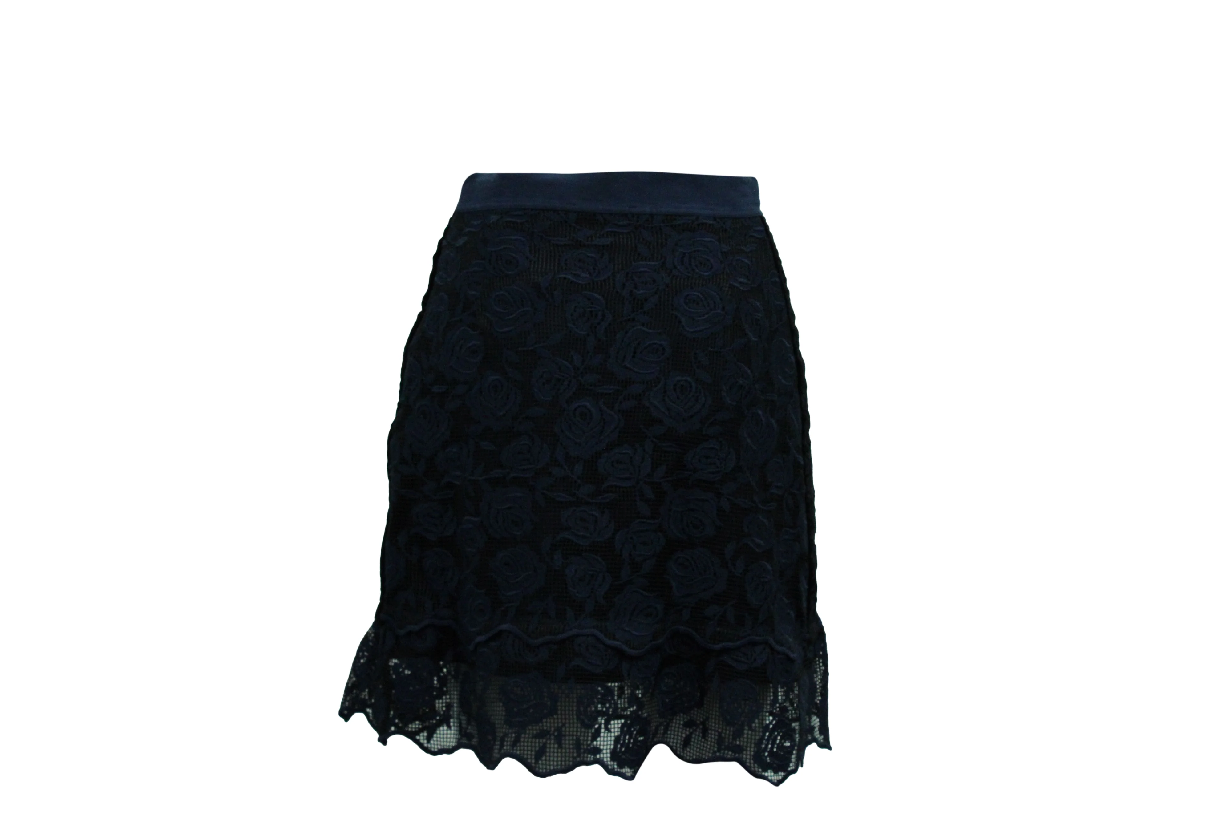 Sandro Dee Rose Pattern Lace Skirt in Navy Blue Polyester