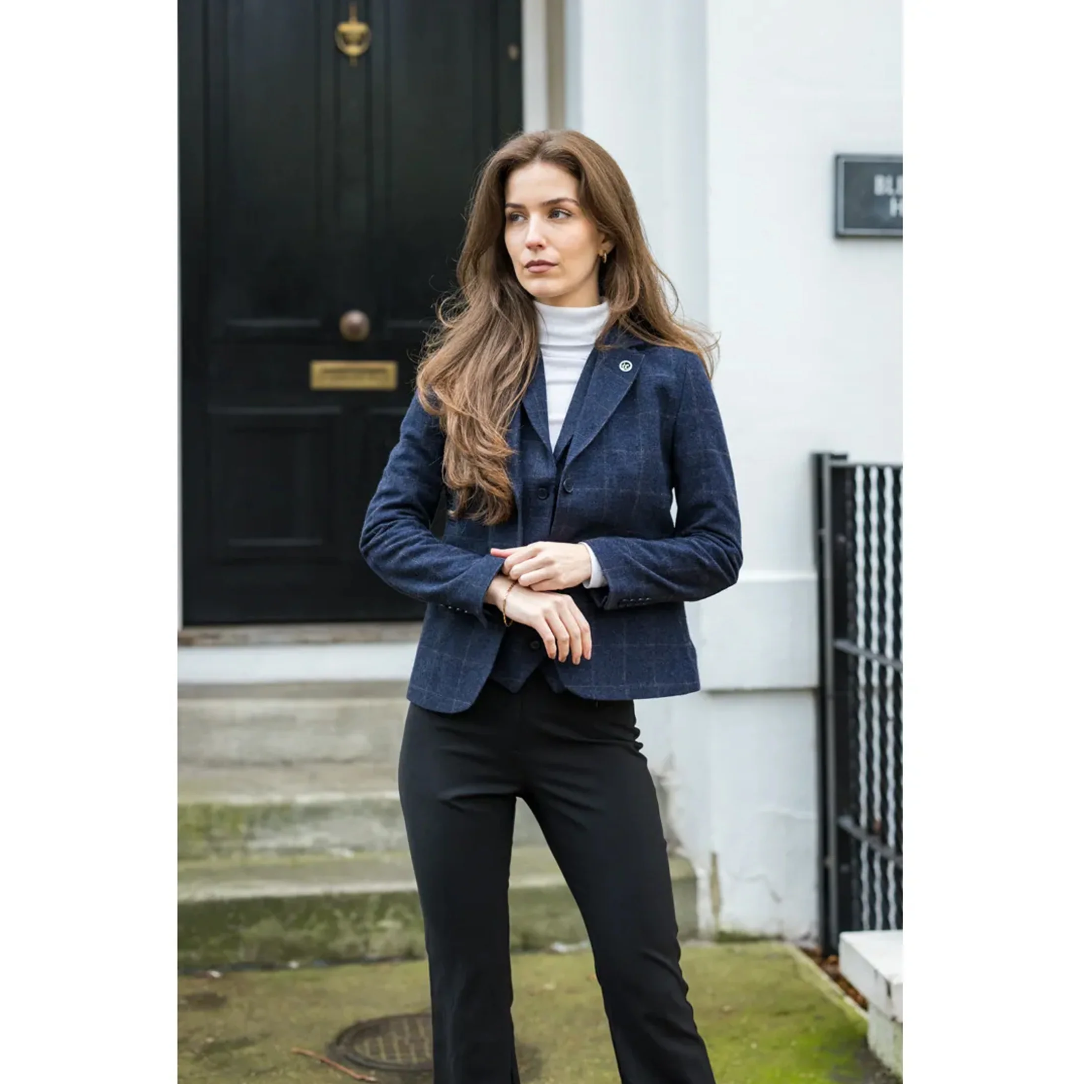 Women's Navy Tailored Fit 2 Piece Set Tweed Formal Blazer Waistcoat