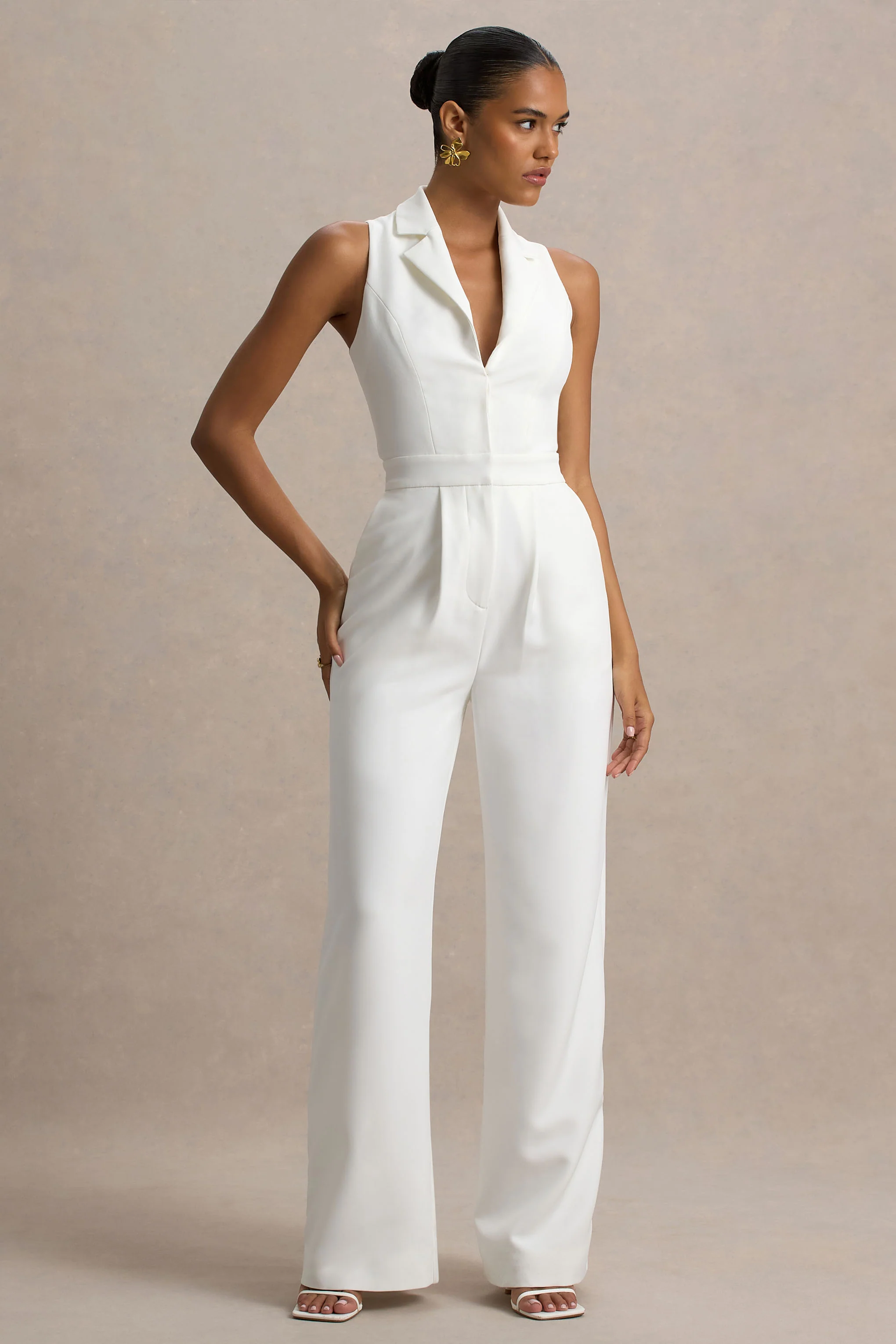 Trixie | White Plunge-Neck Tailored Jumpsuit