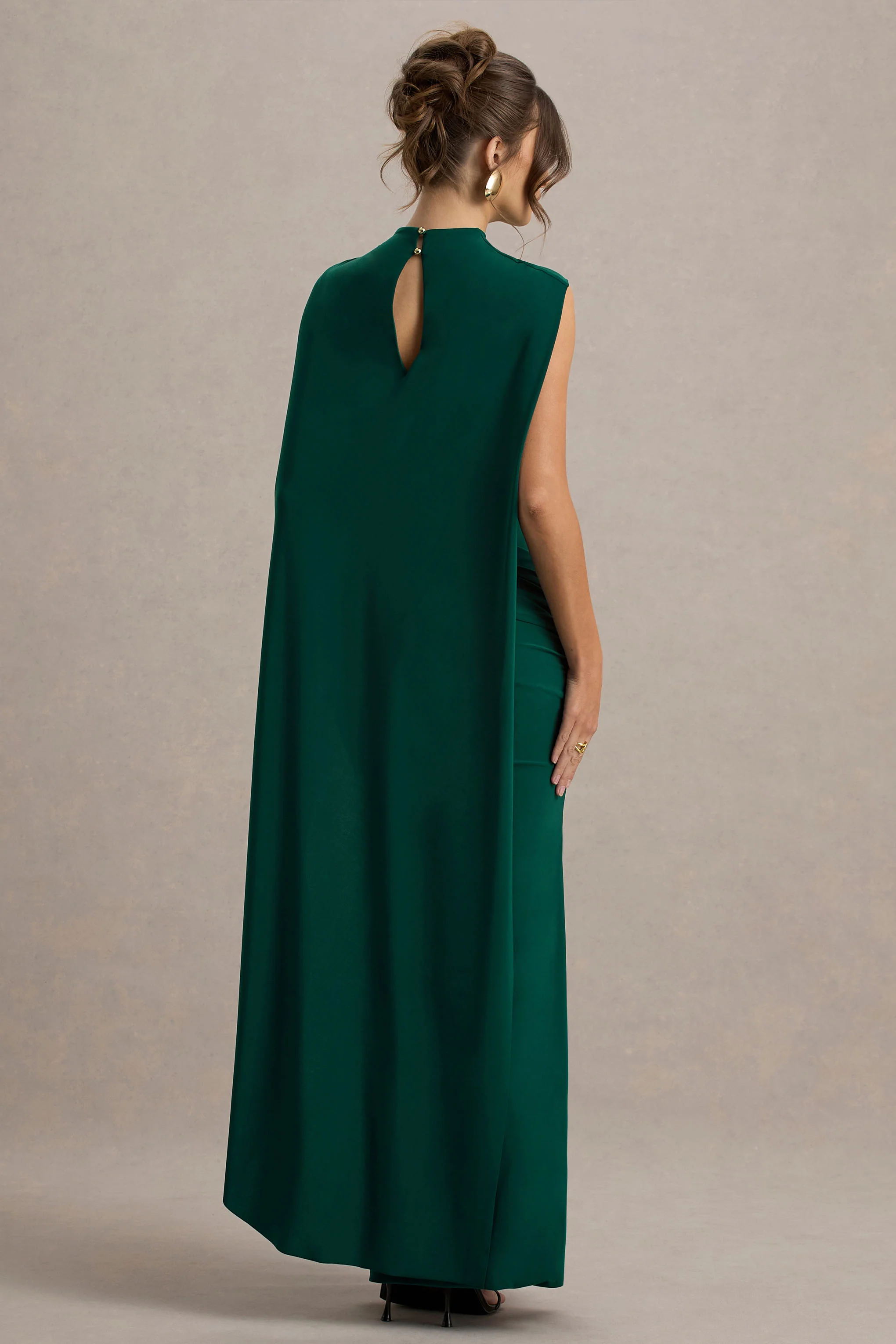 Maeve | Bottle Green Cape-Sleeve Draped Maxi Dress
