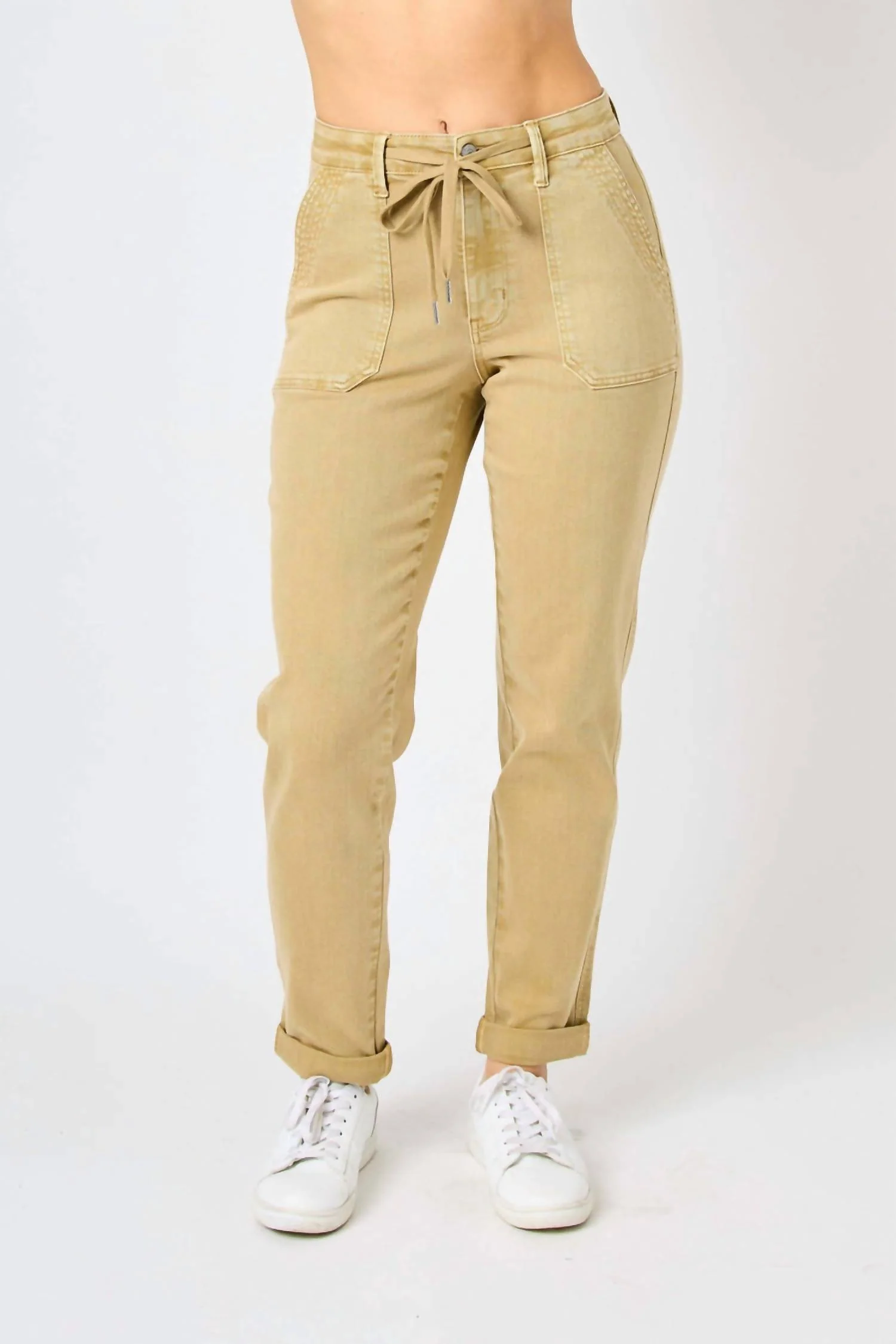High Waist Garment Dyed Cuffed Joggers In Khaki