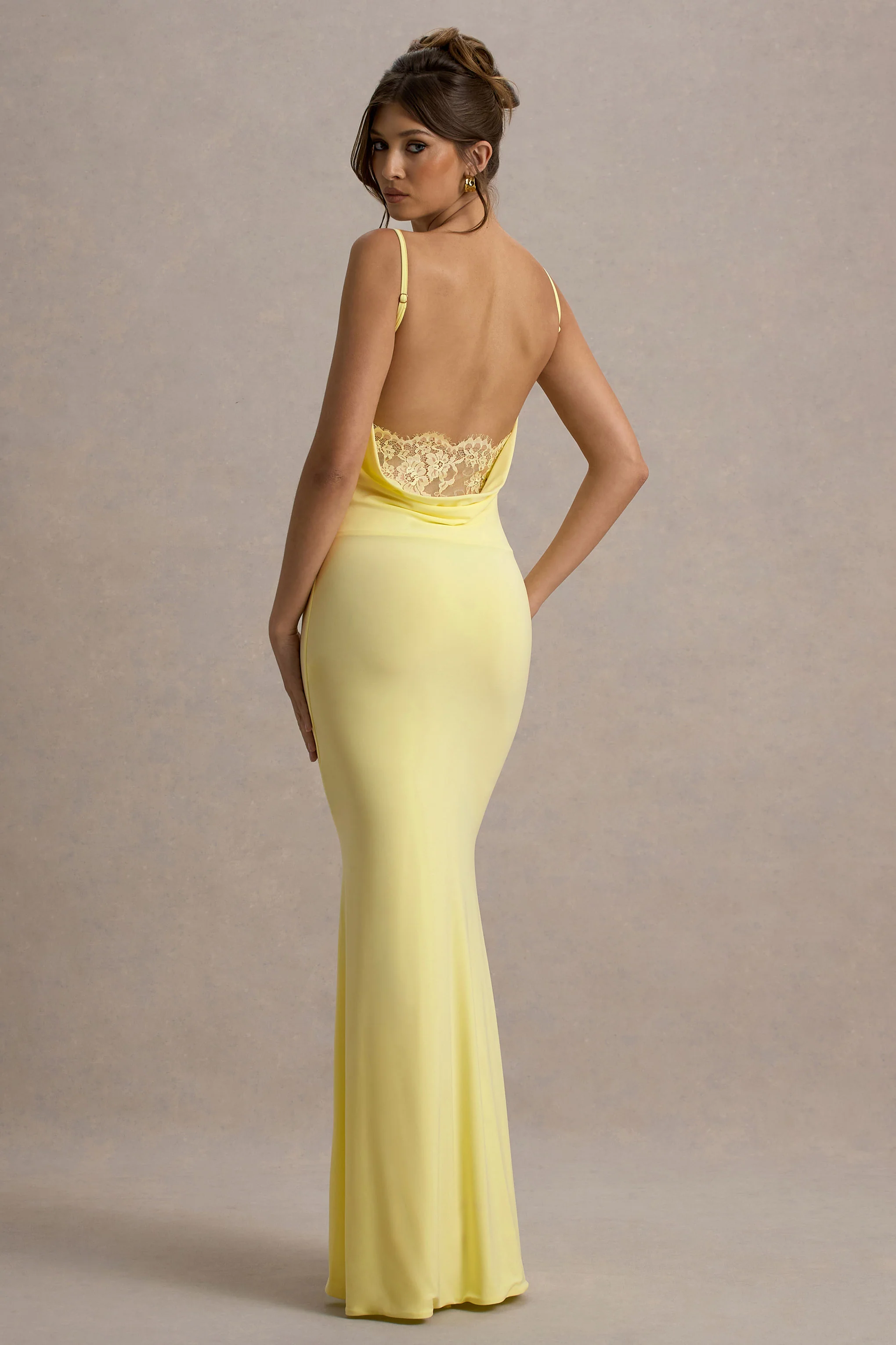 Francoise | Lemon Cowl Neck Backless Maxi Dress With Lace Insert