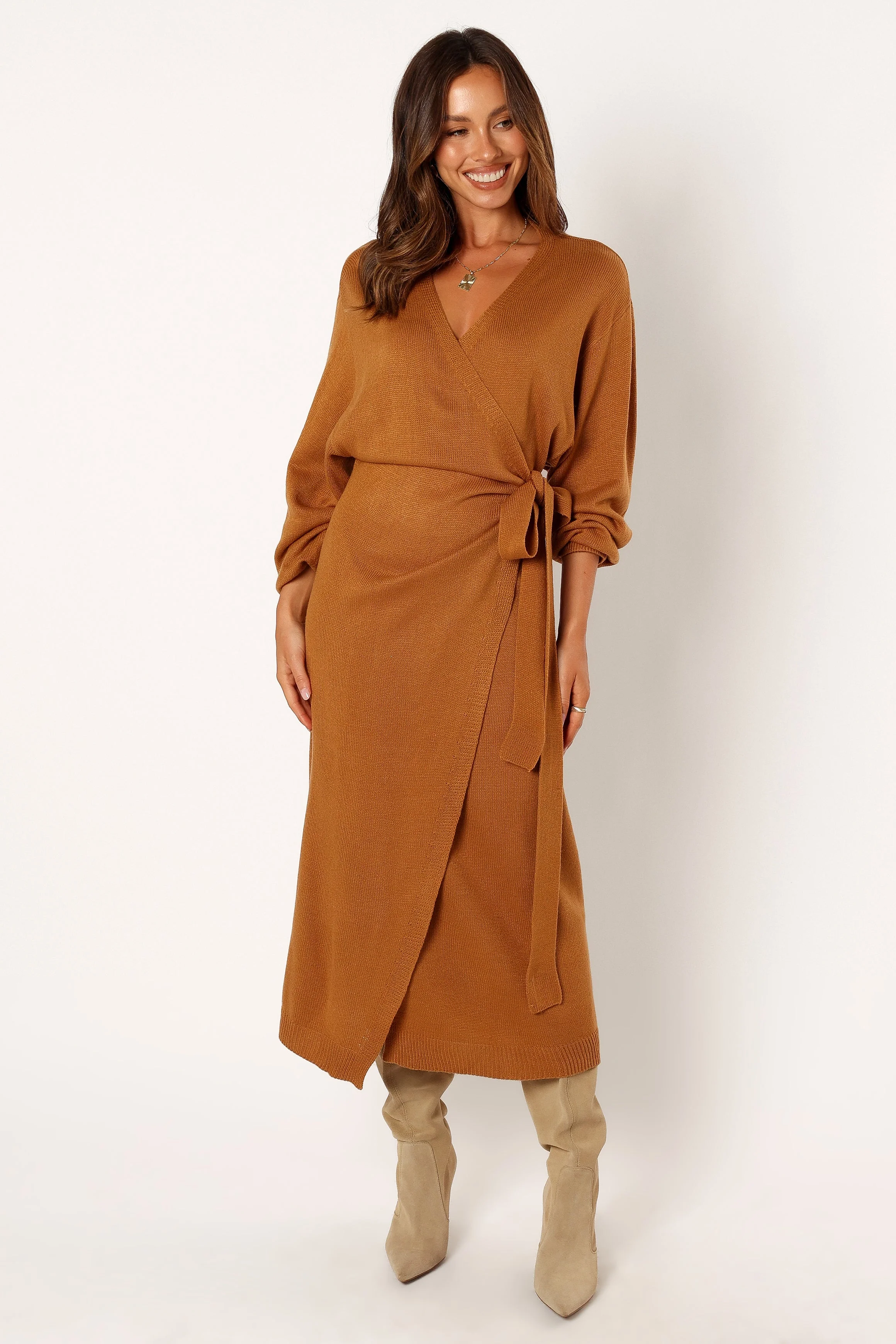 Nova Wrap Knit Midi Dress - Camel