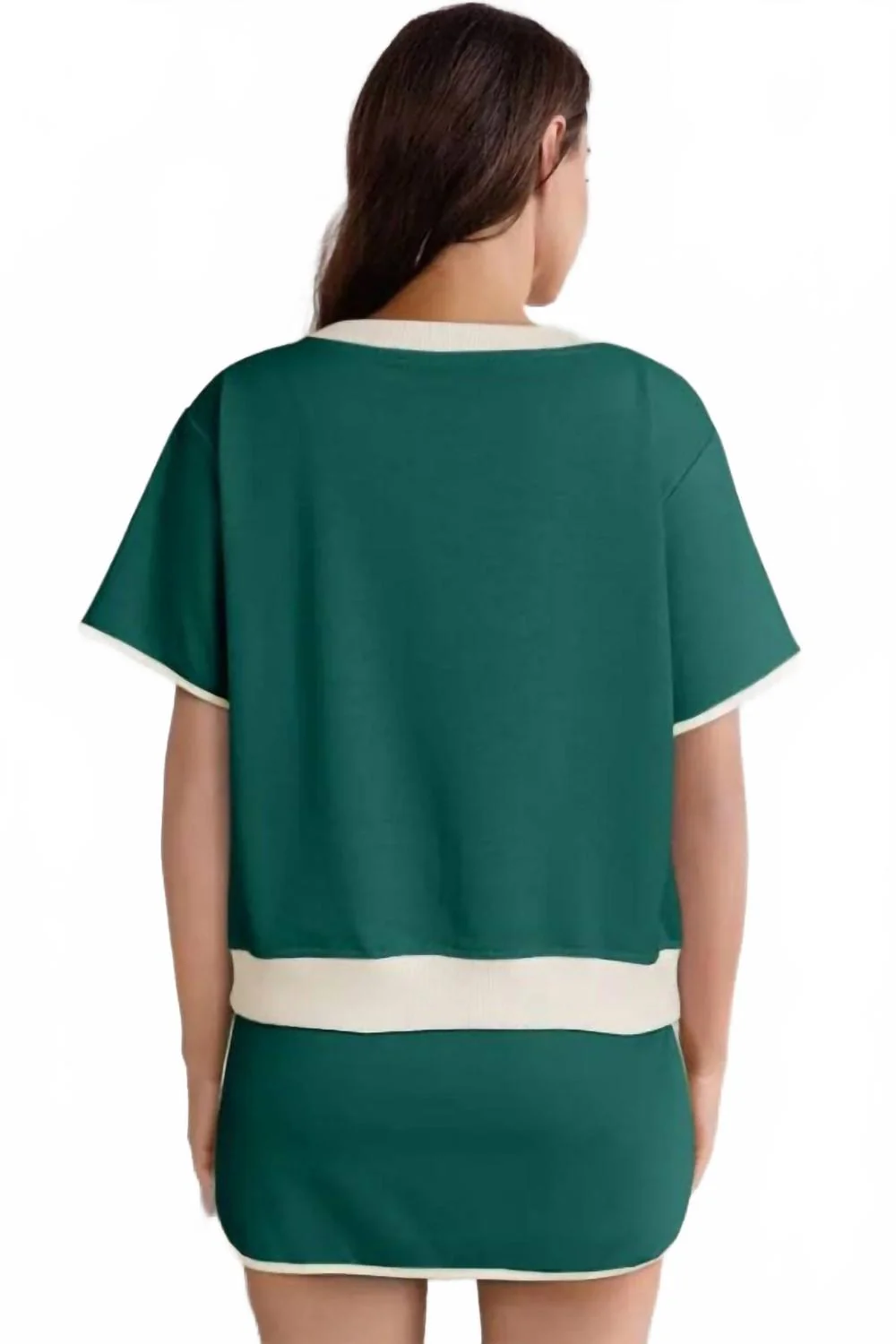 Colorblock Edge Drop Shoulder T-Shirt And Skirt Set In Green