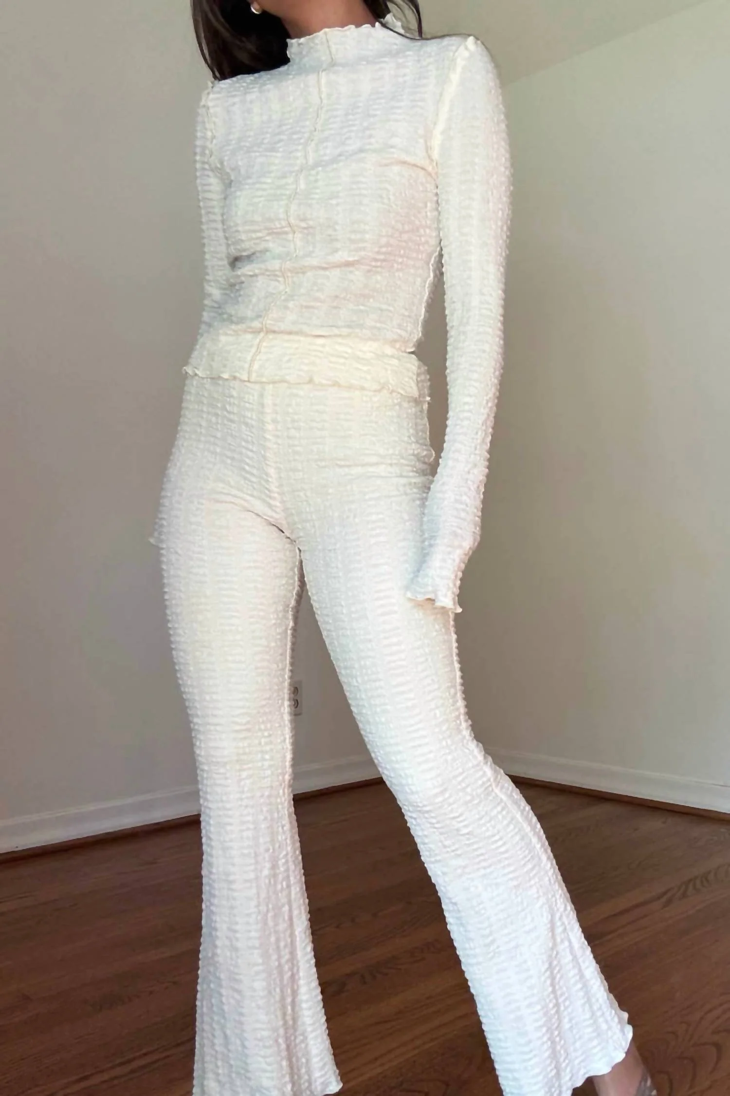Textured High Neck Top & Flared Pants In Cream