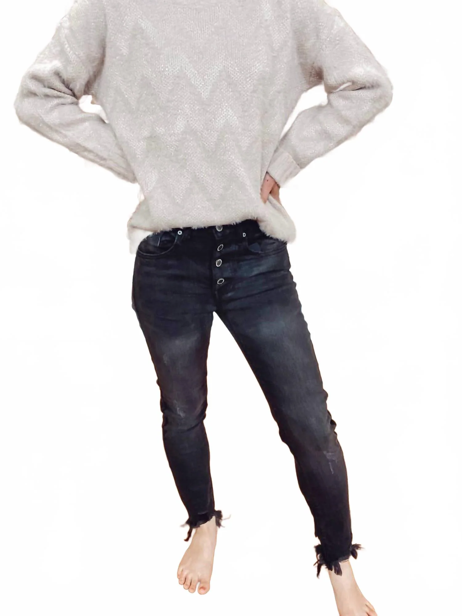 Button Fly Raw Hem Skinny Jeans In Black