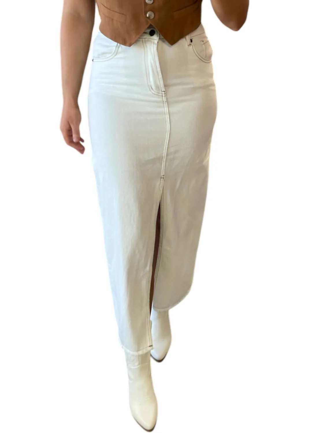 Front Slit Midi Skirt In White