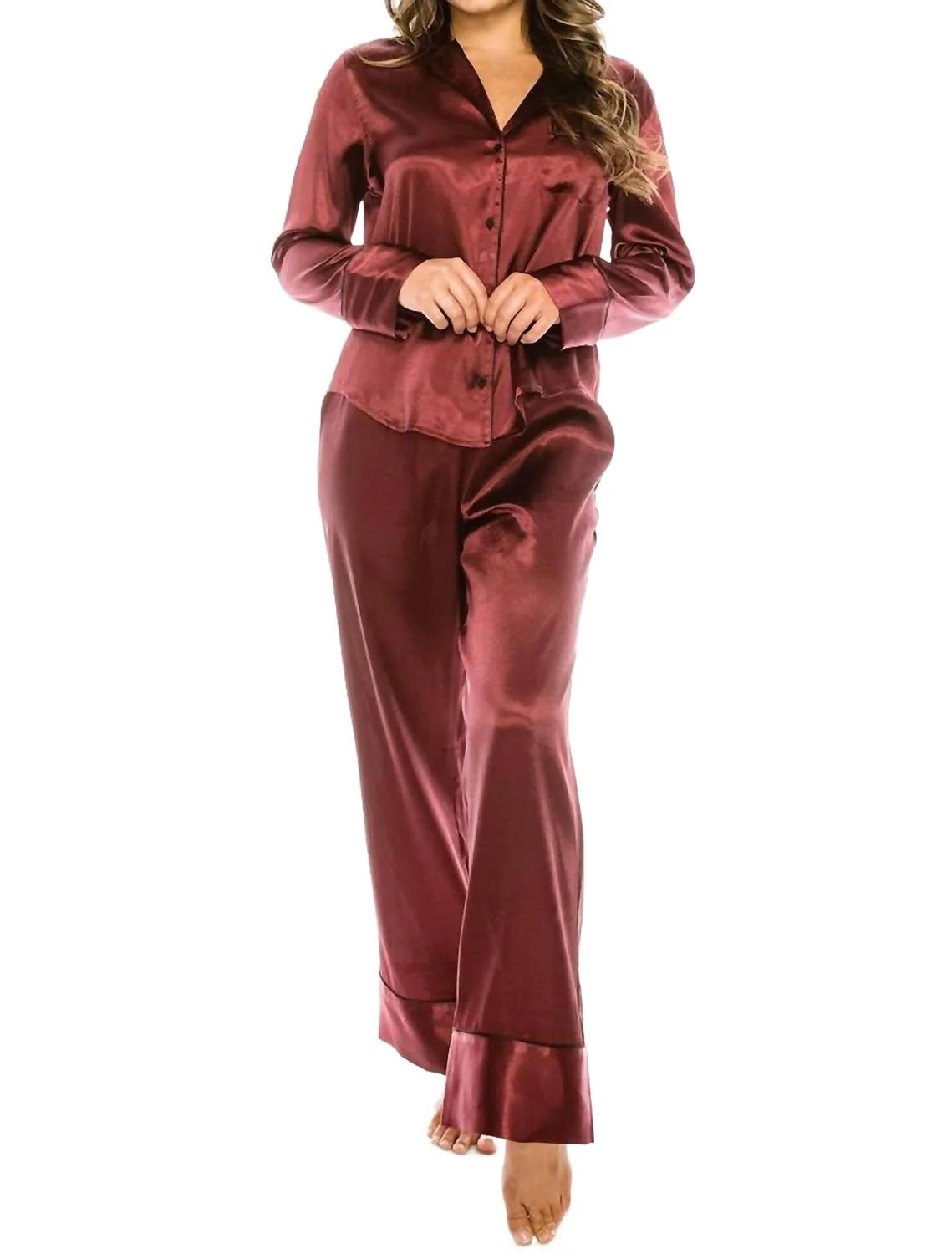 2 Pc Satin Pajama Set In Red