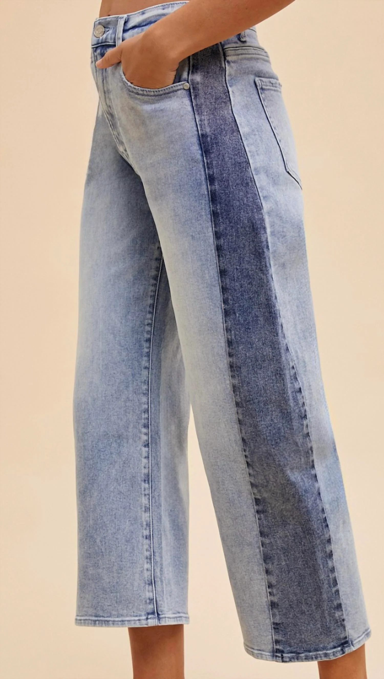 Two Tone Side Panel Stretch Barrel Leg Crop Jean In Blue Denim
