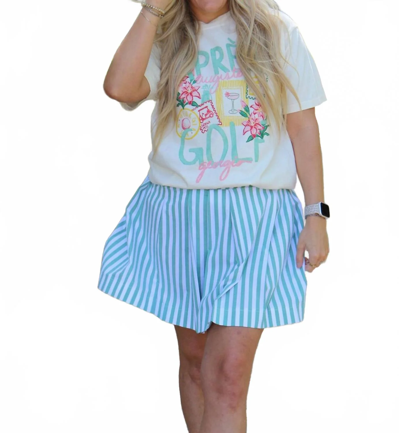 Vacay Countdown Zara Pleated Skirt In Green Stripe