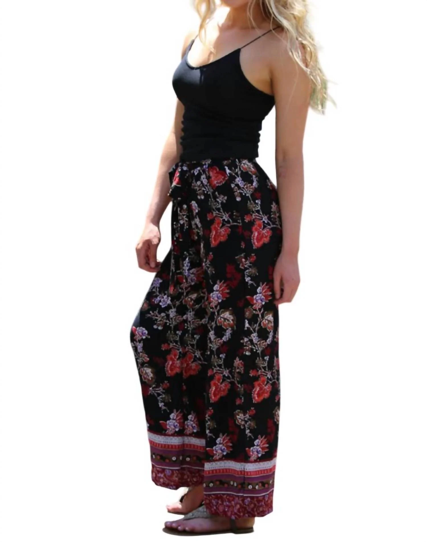 Border Print Floral Pant In Black