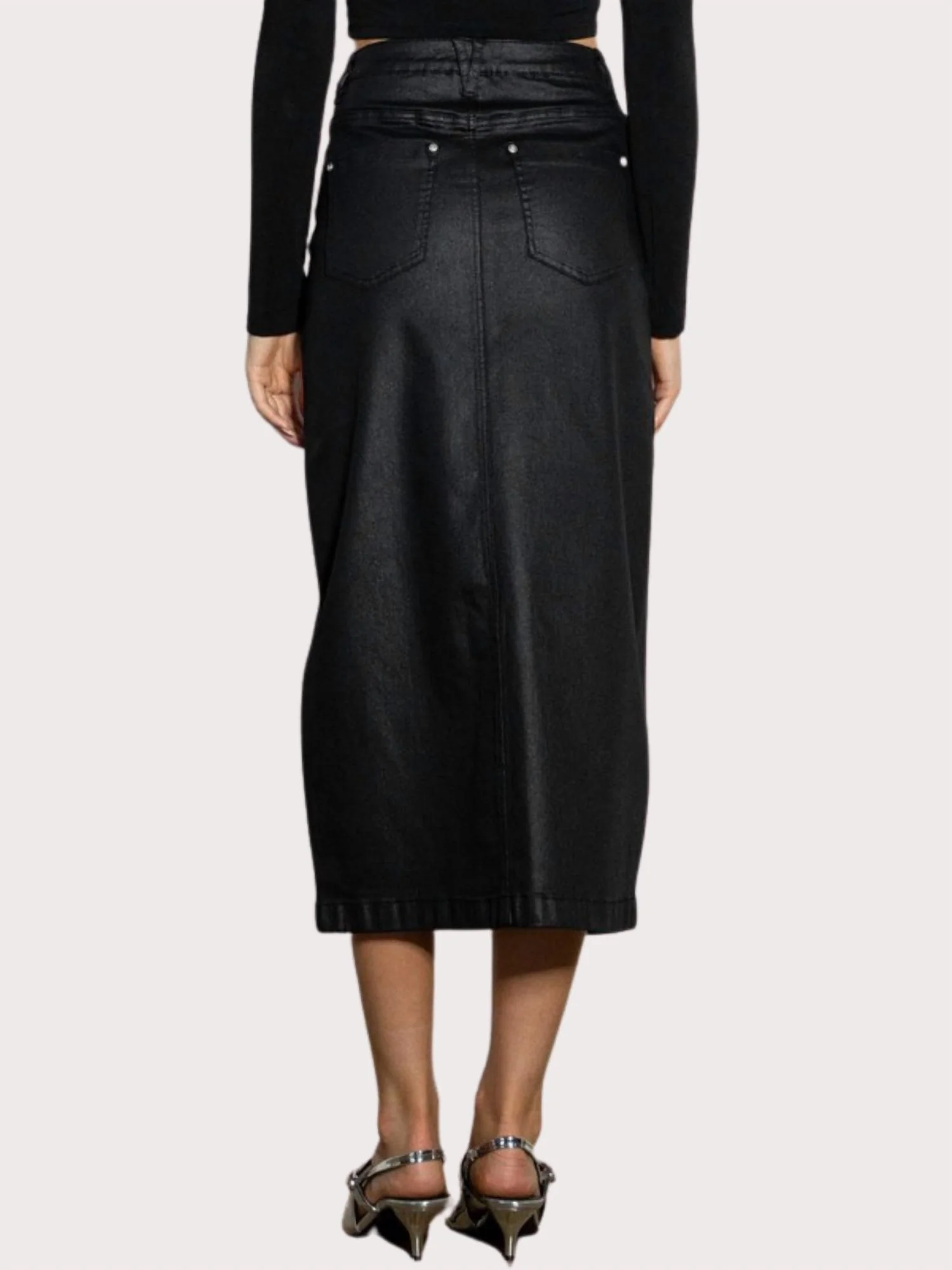 Front Slit Midi Coated Skirt In Black