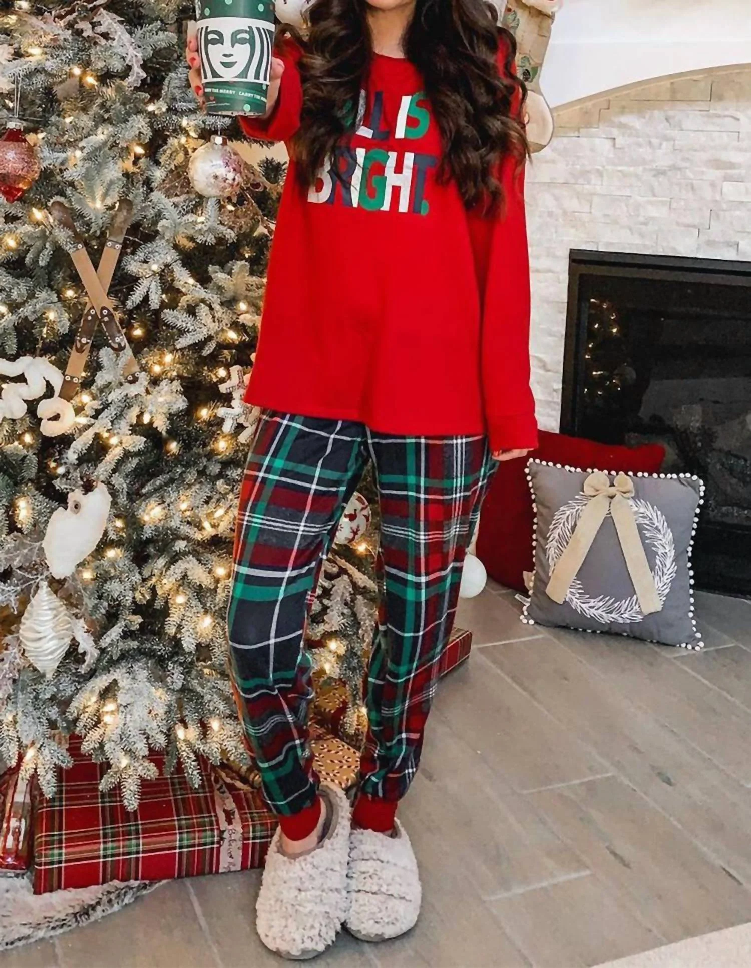 All Is Bright Holiday Pajama Set In Red/plaid