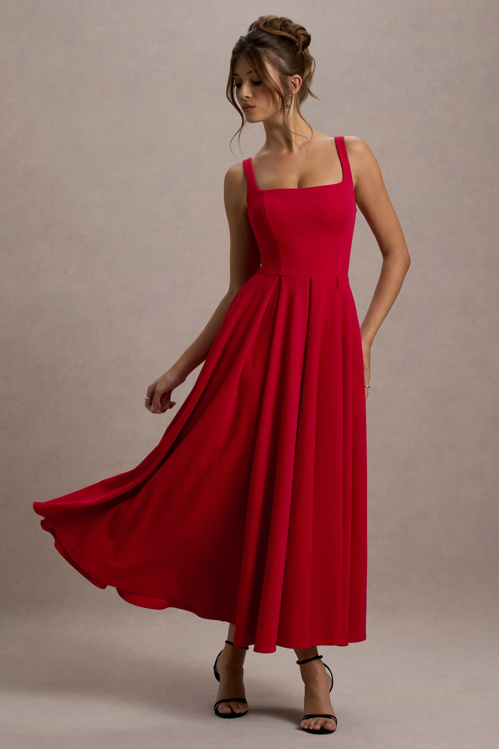 Parina | Red Strappy Volume-Hem Midi Dress