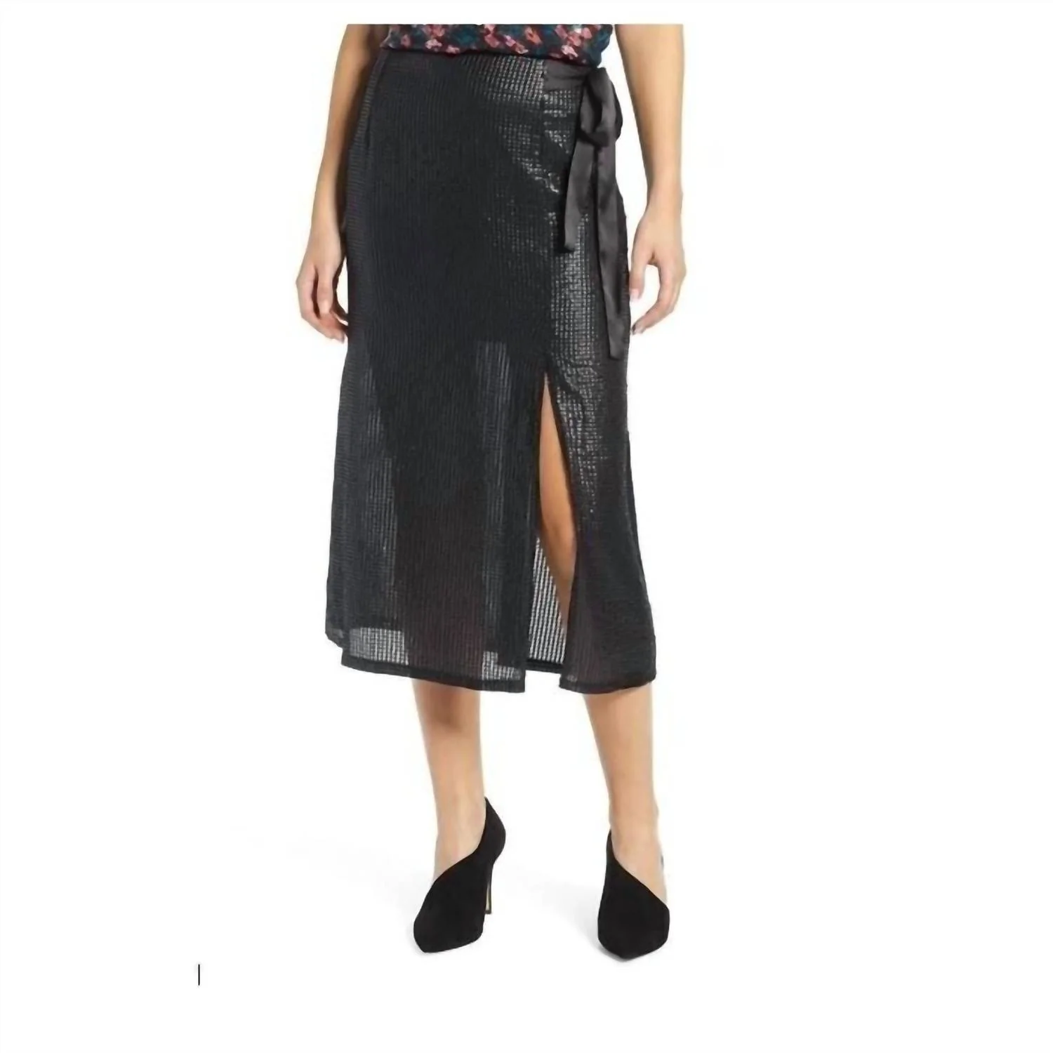 Faux Wrap Sequin Front Slit Tie Midi Skirt In Black