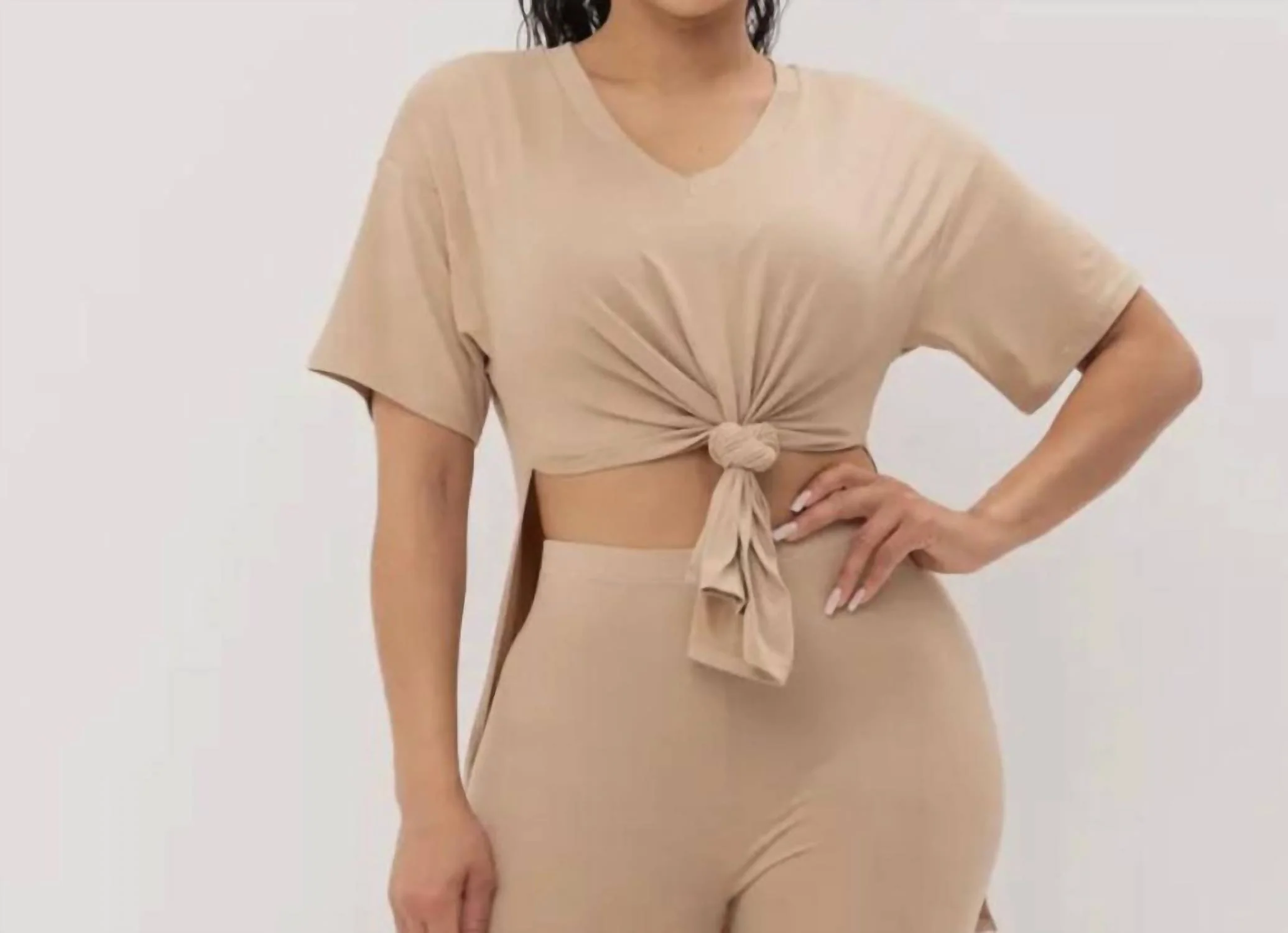 V-Neck Slit Sides Top And Pants Set In Taupe