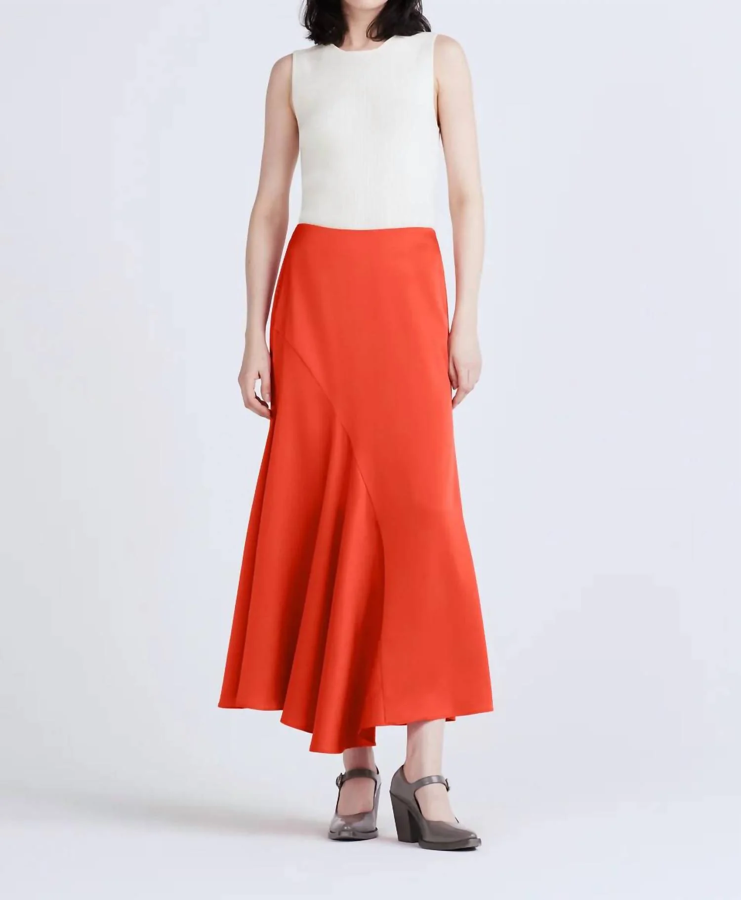 Paulette Flared Midi Skirt In Coral/red