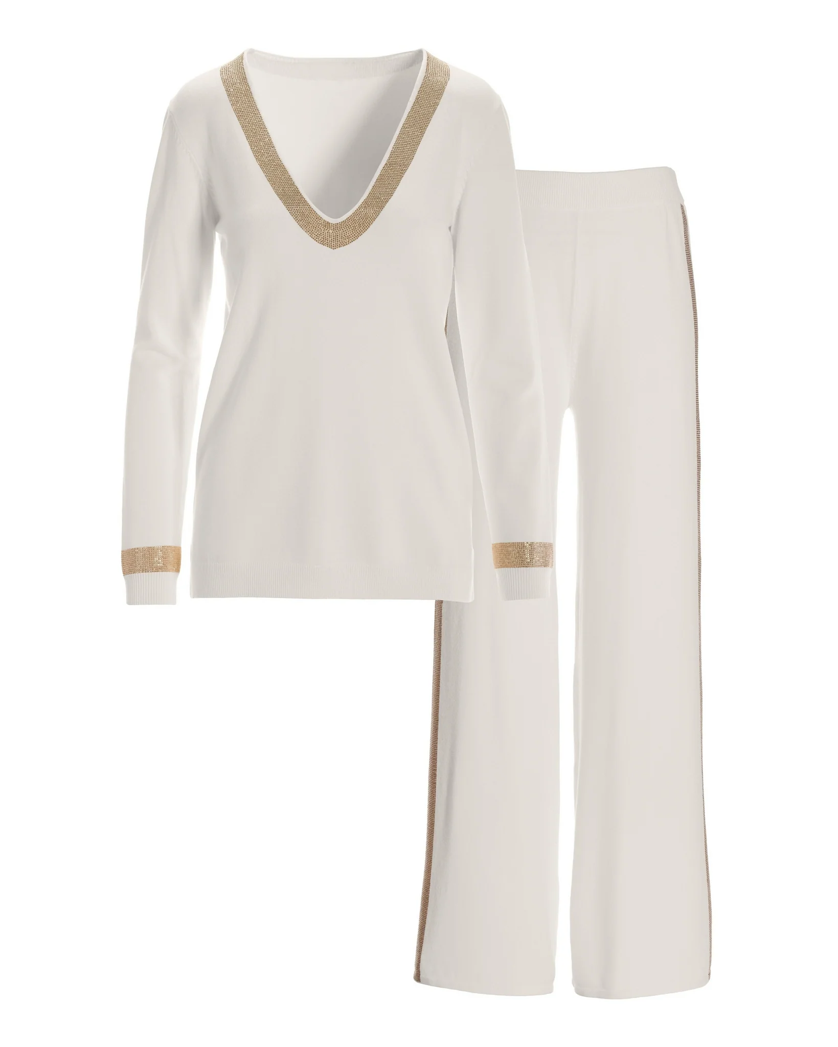 Embellished V Neck Sweater Lounge Set Off White