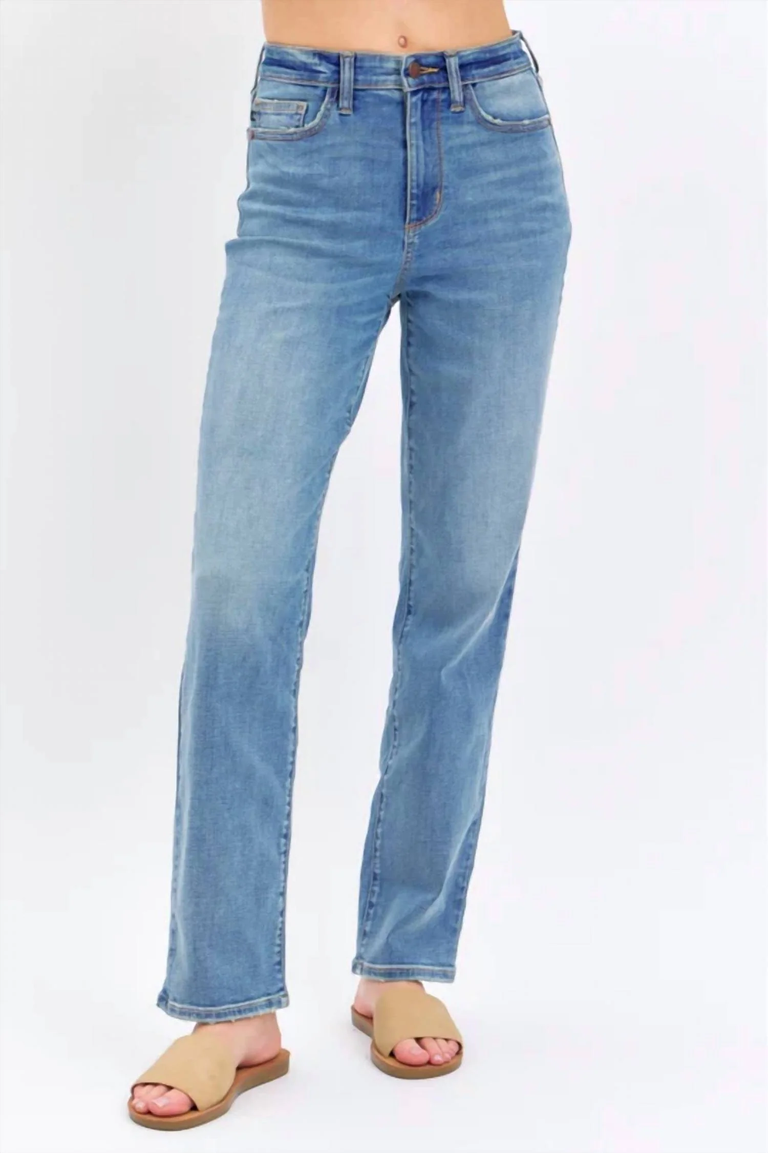 Med High Waist Straight Fit Jeans In Blue