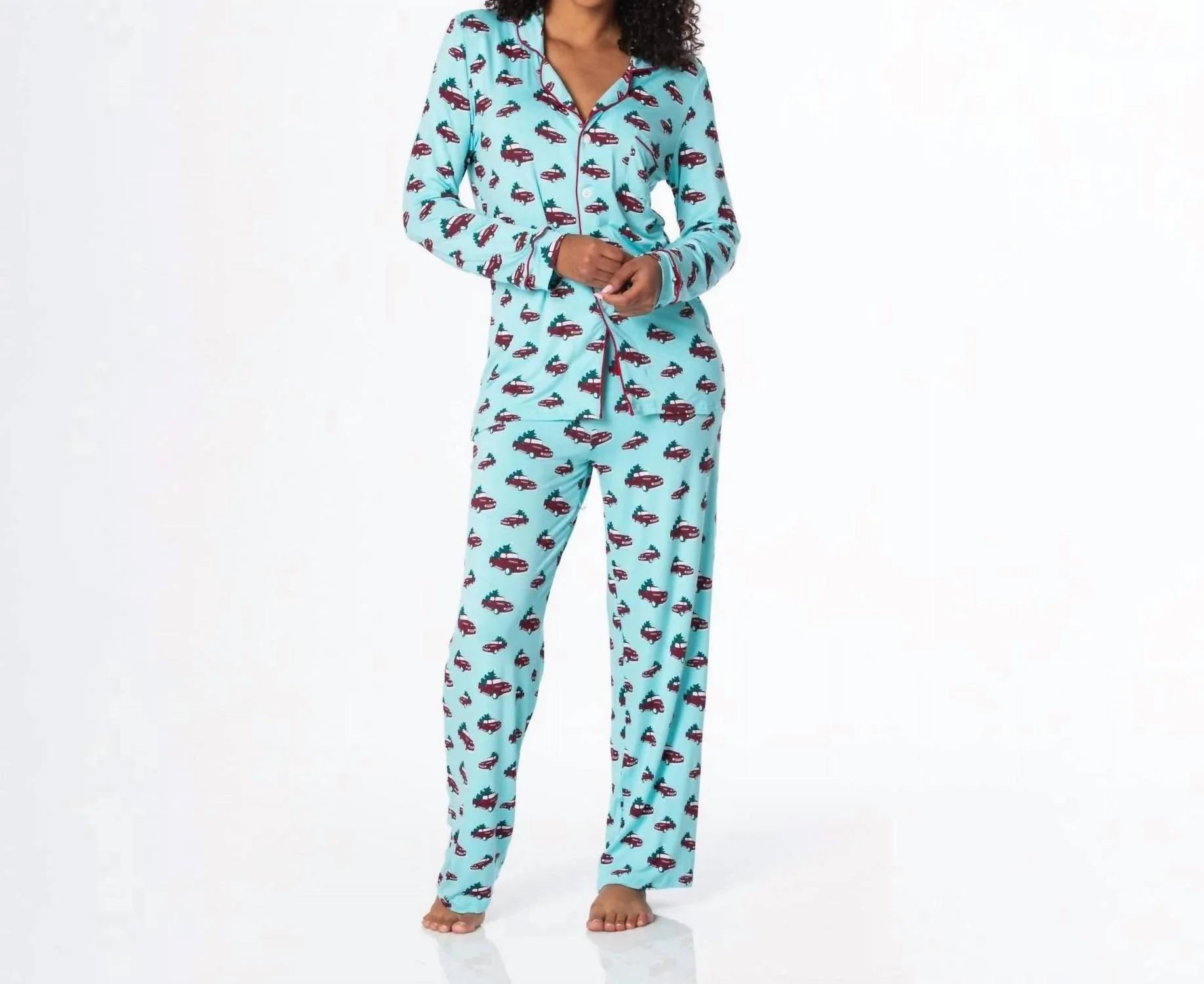 Print Long Sleeve Collared Pajama Set In Iceberg Trucks And Trees