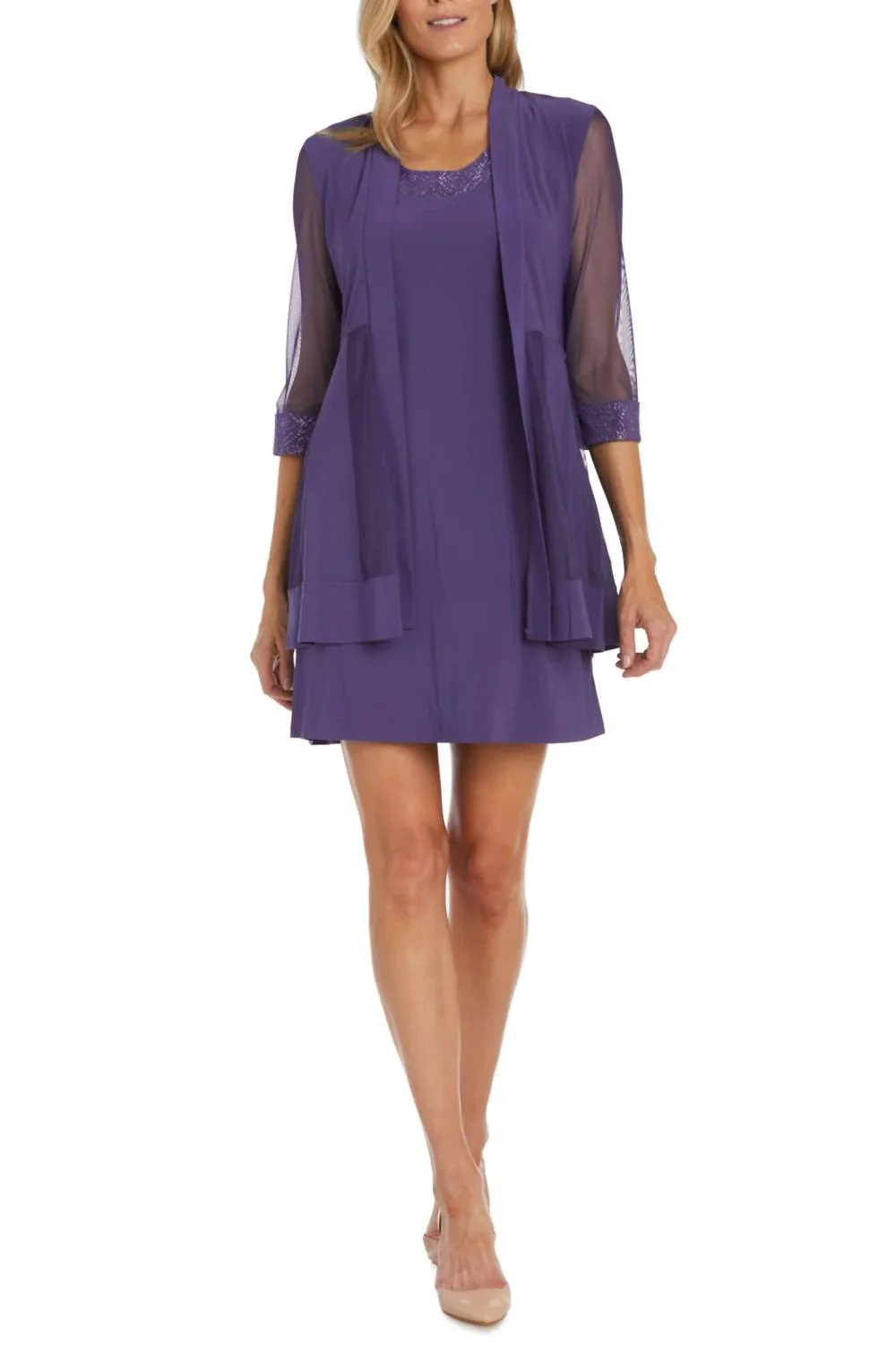 Sparkle Mesh Knee-Length Jacket & Dress Set In Lavender