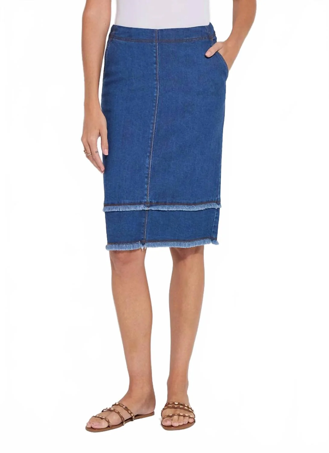 Evelina Fringed Denim Pencil Skirt In Mid Wash